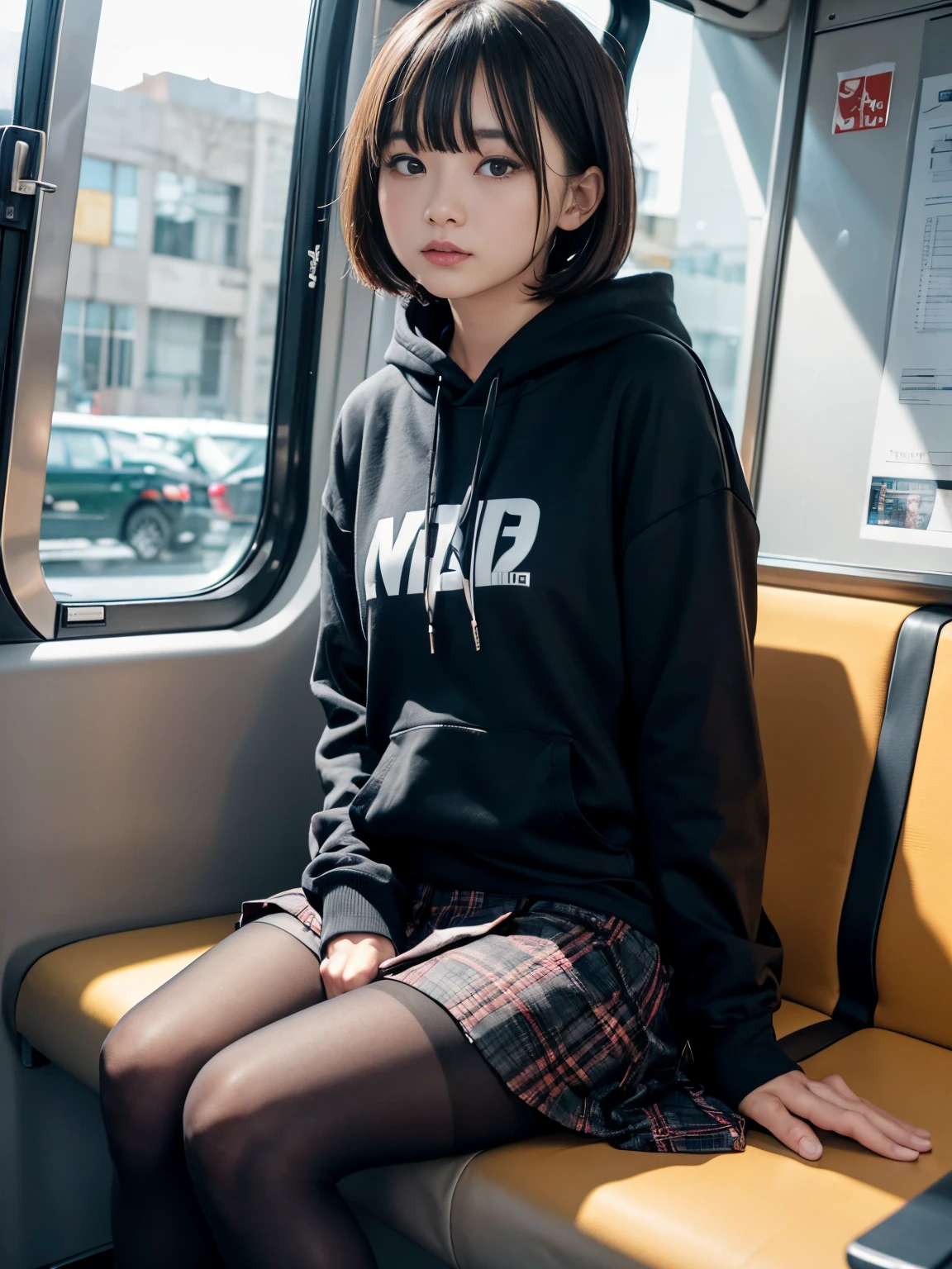 (​masterpiece、ultra-detailliert、8K、top-quality:1.5)、((Awesome))、独奏、Shorthair with bangs、(((Black pantyhose)))、hi-school girl、((frontage))、校服、Wearing a black hoodie、((navy check mini skirt))、On the train、blue-sky、sitting on