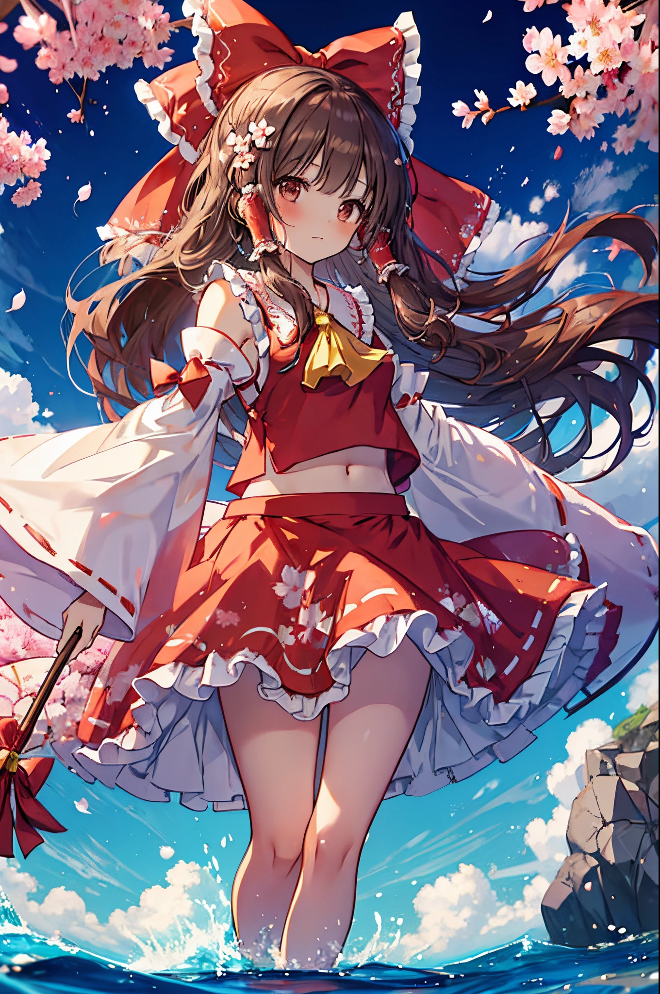 a female anime character dressed in ruffles with floral flowers for decorations, 1girl, solo, hakurei reimu, bow, long hair, detached sleeves, hair tubes, brown hair, skirt, red bow, hair bow, red skirt, cherry blossoms, wading, looking at viewer, brown eyes, ribbon trim, water, wide sleeves