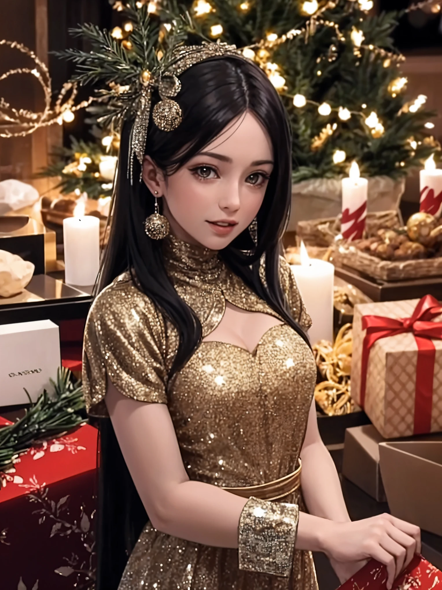 (best quality,4k,8k,highres,masterpiece:1.2),ultra-detailed,realistic,gifts,table,Christmas tree,decorations,wrapping ,bows,ribbon,presents,holiday spirit,vibrant colors,warm lighting,cozy atmosphere,toys,cards,candles,snowflakes,joyful,celebration,exquisite details,exciting surprises,shiny ornaments,sparkling tinsel,beautifully wrapped,excited children,anticipation,festive mood,magical ambiance,delightful moment,wonderful memories,family gathering,cheerful faces,Christmas magic,extravagant,abundance of presents,HDR,UHD,studio lighting,ultra-fine painting,sharp focus,physically-based rendering,professional,vivid colors,bokeh.