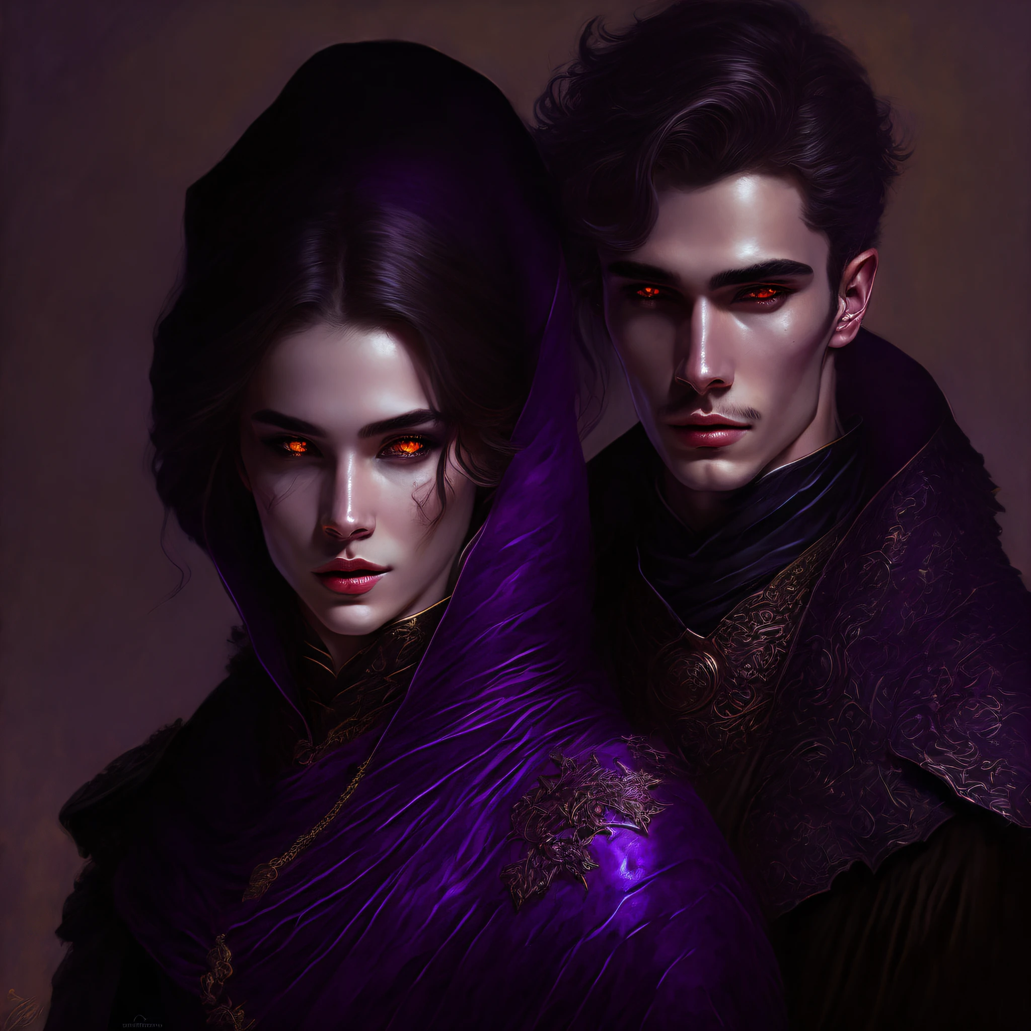 crie um Homem de pele bronzeada com cabelos pretos, Wearing black and dark purple clothes is apparently 25 years old, No estilo de arte Bowater, Retrato colorido, Retrato colorido detalhado, Pintura digital, assemelhando-se a um coreano, evil magic, witcher, ritual, darkness