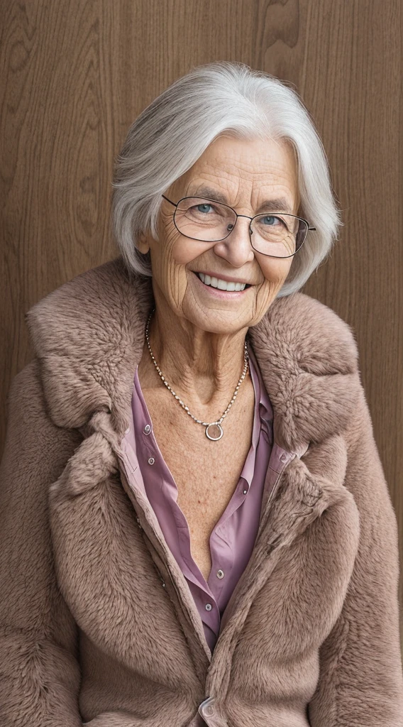 a woman with glasses and a necklace on smiling at the camera, this person does not exist, jean jameom-sally-deborah-grandma-elke-joyce ballantyne-marthe jonkeronnie maclean merged, entire body visible, full body, hyperrealistic, best quality, 8K, masterpiece, extremely intricate, detailed eyes, detailed face, detailed body, exaggerated features, pronounced features, fujifilm