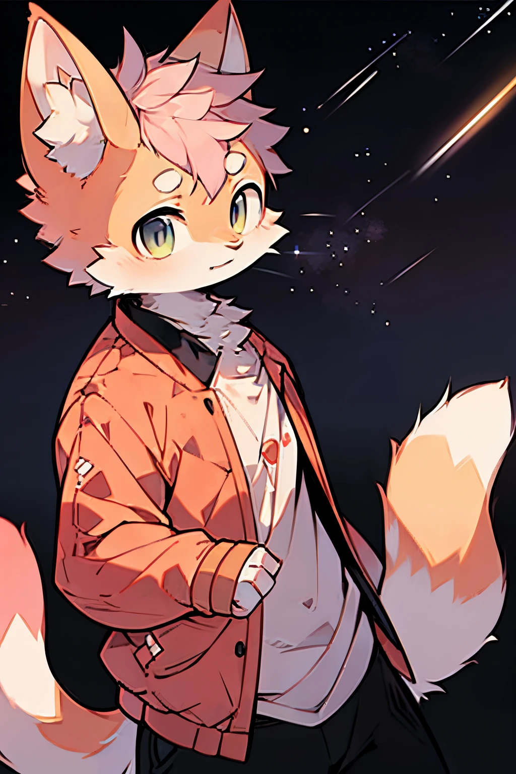 meteors,Cat man watching shooting stars,adolable,with pink hair,natta,Male cats