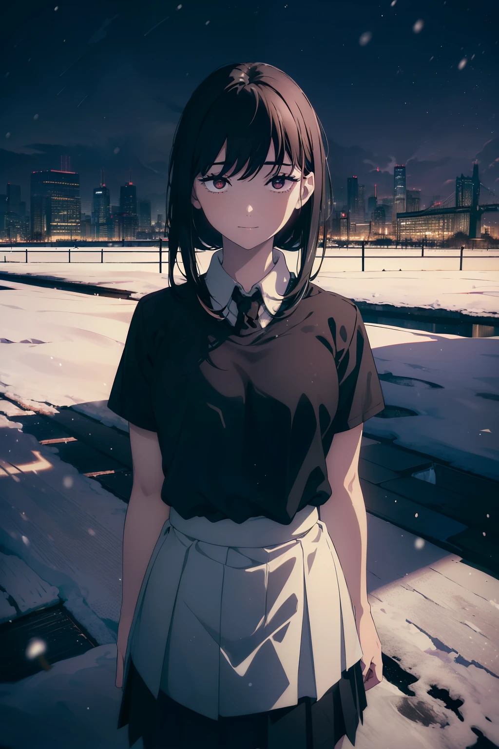 (((Obra maestra, La mejor calidad, ultrahigh resolution))), 1girl, standing, school uniform, white office shirt, black pleated skirt, (((black hair, dark black hair))), long hair cut, pale skin, ((brown eyes)), glowing_eyes, neon eyes, (ultra detailed eyes:0.7, beautiful and detailed face, detailed eyes:0.9), ((centered)), smile, ((wide shot)), facing viewer, eye level, ((vibrant background, snowy landscape, cityscape, snowing, snow)), flat chested, looking at viewer, ((half closed eyes)), ((perfect hands)), (((head:1, arms, hips, elbows, in view))), ((hands behind back)), empty eyes, beautiful lighting, outside, outdoors, background, defined subject, 25 years old,