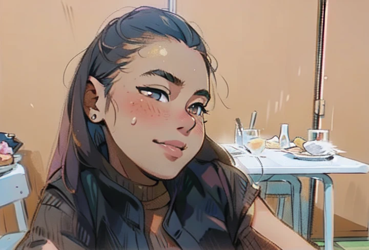 there is a woman sitting at a table with a plate of food, 18 years old, cindy avelino, ayahausca, 19-year-old girl, taken in the early 2020s, 3 0 years old woman, 30 years old woman, 1 6 years old, selfie photo, taken at golden hour, picture