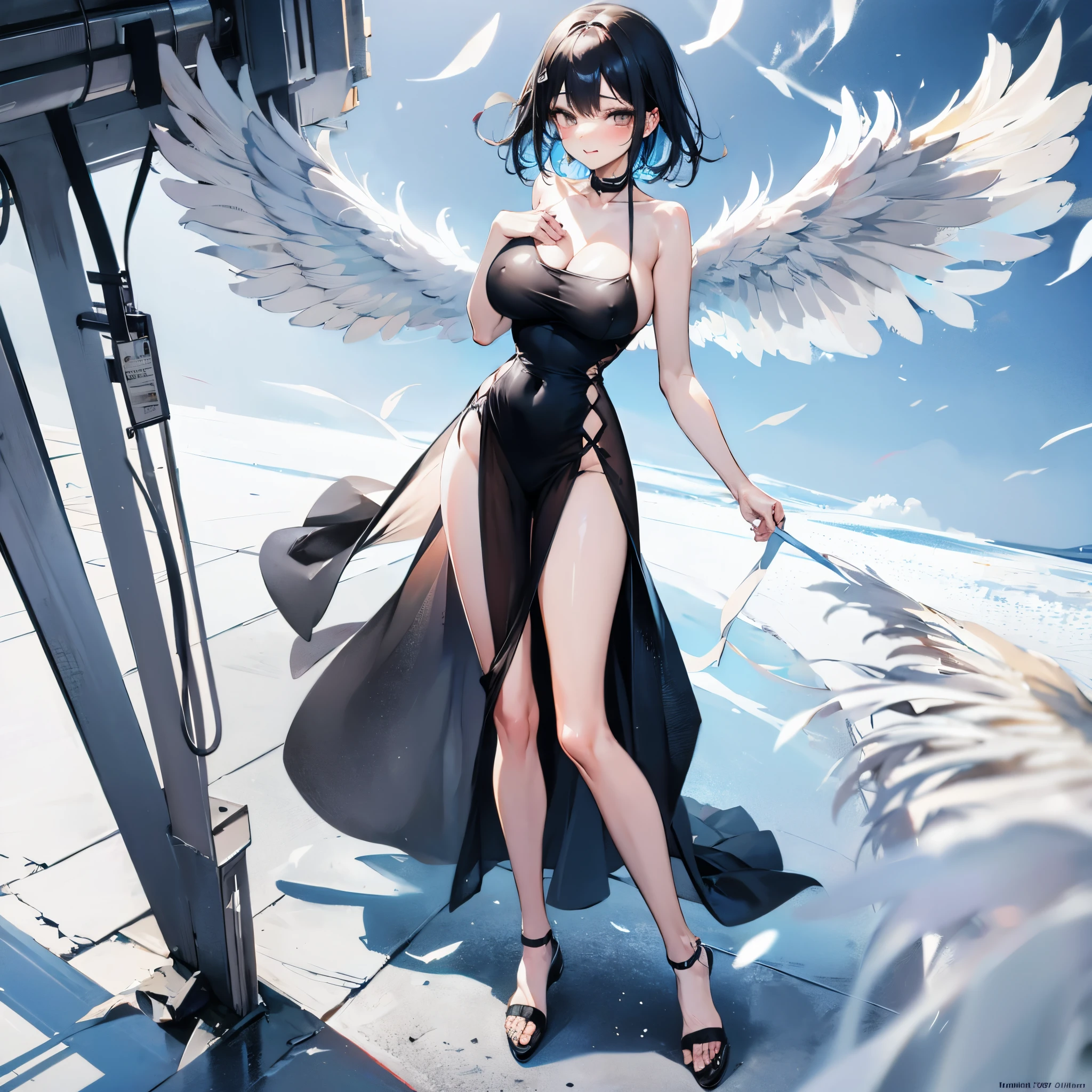 solo seraphim girl standing on peak of snowy mountain, strongly blowing frozen wind, BREAK, (she had black short hair.:1.3), (she is wearing only flapping black sheer short dress.:2.5), (her dress is plunging neckline:1.2), (her dress is black short one-piece skirt.:1.3), (her dress has shoulder strap.:1.5), BREAK, collarbone, bared slim arms, bared (thin long legs:1.2), bared neck, BREAK, (large perky breast:1.3), cleavage, BREAK, thin waist, BREAK, smile for viewer, (nose blush:1.2), BREAK, (multiple white wings on back:1.5), (multiple black wings on back:1.5), (12 large wings on back:1.2), BREAK, (orgasm:1.2), breast milk, nsfw, heavy breathing