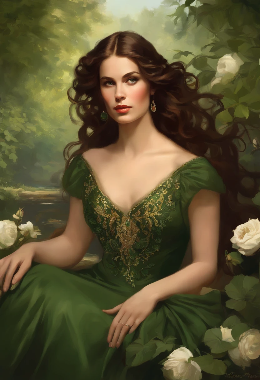 Painting of a beautiful and sexy woman, green eyes, ((with long medusa hair, falling over her shoulders)) and an embroidered dress, ((Spanish gypsy, from the Victorian Era)), ((Grace Kelly style
  )), wearing a low-cut green dress with a V-neck corset embroidered in black, in the background forest and flowers, Bowater art style, baroque digital painting, Renaissance digital painting, masterpiece! inspired by Franz Xaver Winterhalter, inspired by Friedrich von Amerling, beautiful character painting, beautiful digital painting, inspired by Thomas Lawrence, beautiful yywater painting, refraction, reflections, mirrors, prisms, sunlight, bright lights!! Complex, elegant, highly detailed digital painting, art station, concept art, sharp and soft focus, illustration, art by ( ( ( ( Artgerm ) ) ) ) and ( Greg Rutkowski )! and (((Alphonse Mucha))), eyes reflecting in eyes reflecting to infinity