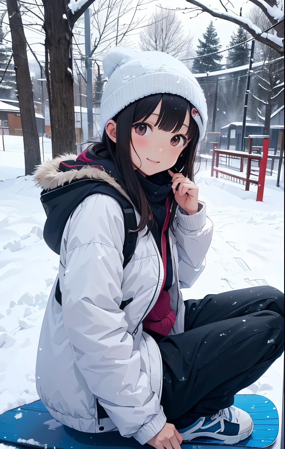 masutepiece, Best Quality, hight resolution,Anime girl sitting on a snowboard in the snow with trees in the background, In the snow, in snow, (Snow), at winter, yuruyuri, akiko takase, winter snow, Illustration!, snowy day, Inspired by Miwa Komatsu, lain iwakura, yuru camp, tsugumi ohba, snow snow, aya takano color style