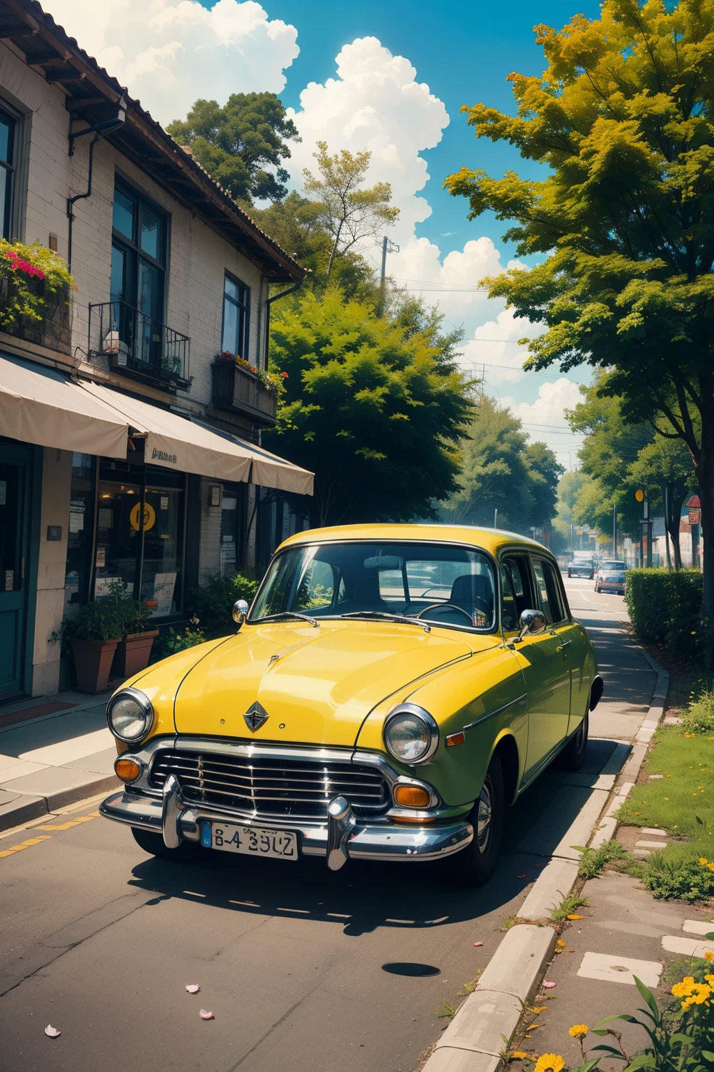 (anime aerial minimalistic scene):1 of green vintage car parked outside a yellow exteriors café, plants, trees, ambient light, best quality, masterpiece, petals in air, window, cloudy sky, (green and yellow tones)
