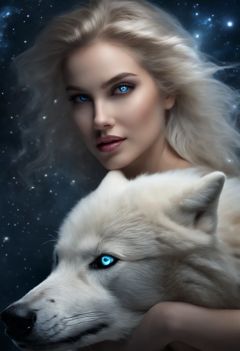 ((White wolf and girl)), (huge wolf), The white wolf's fur glows with silver sparks, (a huge white wolf guards a beautiful young girl), motion, running in front, forward bend, Venus de Milo, (NSFW), a goddess, blue eyes, (VERY Young Girl), (girl 16 years old) lips ajar, blue eyes, Blonde girl, very long curly hair, board transparent, transparent air pay, silver collar, silver belt, greek sandals, silver sandals, starry sky background, A lot of stars, background Orion Nebula, Two moons, Orion Nebula, go star trek, the milky way is at your feet. (Masterpiece: 1.5) (Photorealistic: 1.1) (bokeh) (Best Quality) (detail skin texture, pores, hairsh: 1.1) (Intricate) (8K) (HDR) (wallpapers) (Cinematic lighting) (sharp-focus)