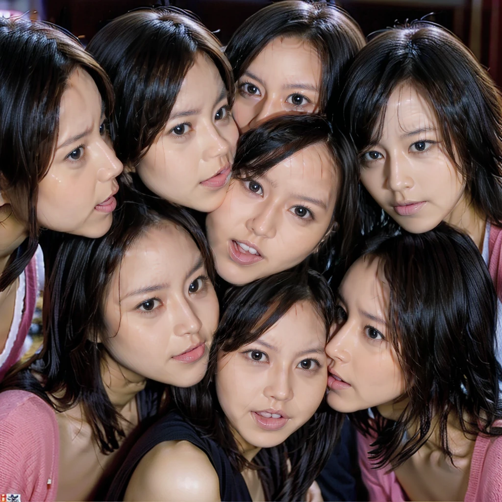 Raw photo、((3girls)),Open eyes、Three women kissing and loving each other、The same face、A dark-haired、(orgasm face:1.4)、same person、(lesbian orgy)