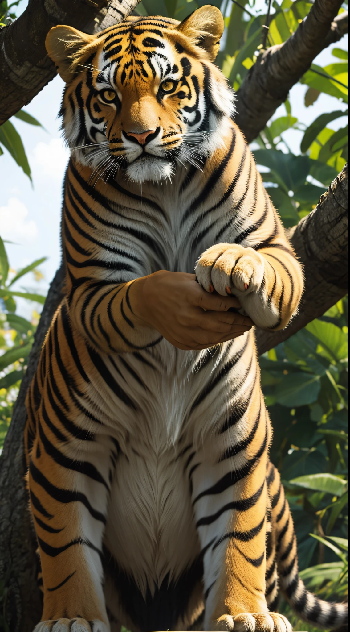 Tiger standing STRONG holding a coconut with his hands forward and his arm normal 