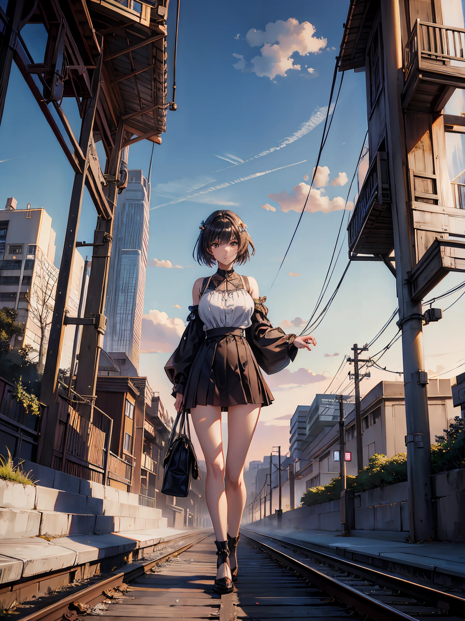 A beautiful woman stands on the railroad tracks, with signs, landscape artwork, Anime background art, Lopf Art, Detailed view – width 672, Detailed explanation of landscape art, Lopfe art style, beautiful anime scenery, author:Anime painter studio, background artwork, Anime countryside landscape, Beautiful Art UHD 4K, Anime art wallpaper 8 K, Anime landscapes