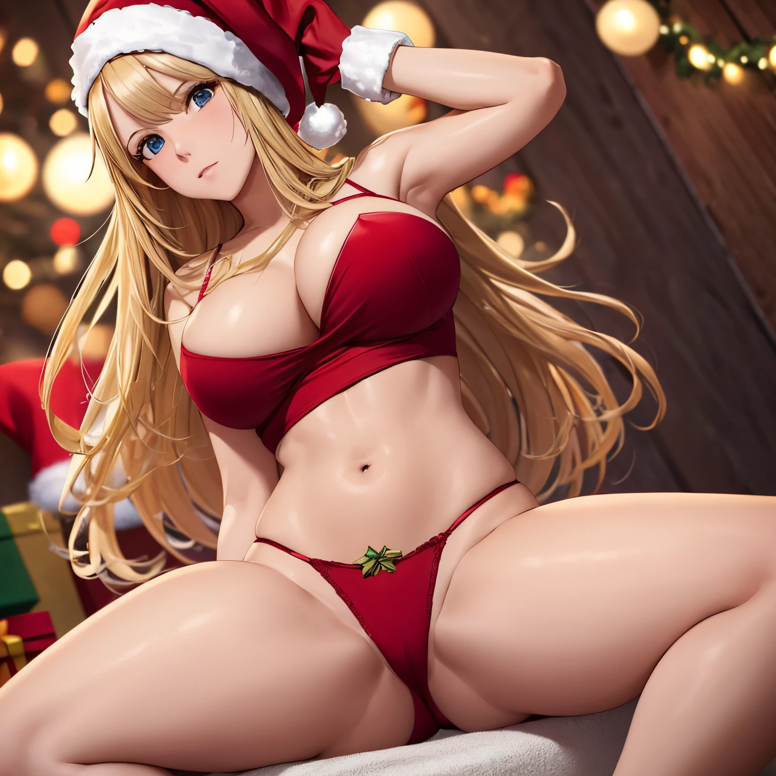 mujer rubia , pelo largo rubio , rubia , cuerpo completo , grandes tetas, gran trasero, voluptuoso, piernas abiertas , pose sexy , escote , Christmas hat , Christmas Clothes, nieve , christmas red lingerie