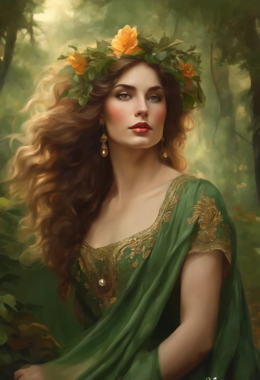 Painting of a beautiful and sexy woman, green eyes, ((with long medusa hair, falling over her shoulders)) and an embroidered dress, ((Spanish gypsy, from the Victorian Era)), ((Grace Kelly style )), wearing a low-cut green dress with a V-neck corset embroidered in black, in the background forest and flowers, Bowater art style, baroque digital painting, Renaissance digital painting, masterpiece! inspired by Franz Xaver Winterhalter, inspired by Friedrich von Amerling, beautiful character painting, beautiful digital painting, inspired by Thomas Lawrence, beautiful yywater painting, refraction, reflections, mirrors, prisms, sunlight, bright lights!! Complex, elegant, highly detailed digital painting, art station, concept art, sharp and soft focus, illustration, art by ( ( ( ( Artgerm ) ) ) ) and ( Greg Rutkowski )! and (((Alphonse Mucha))), eyes reflecting in eyes reflecting to infinity