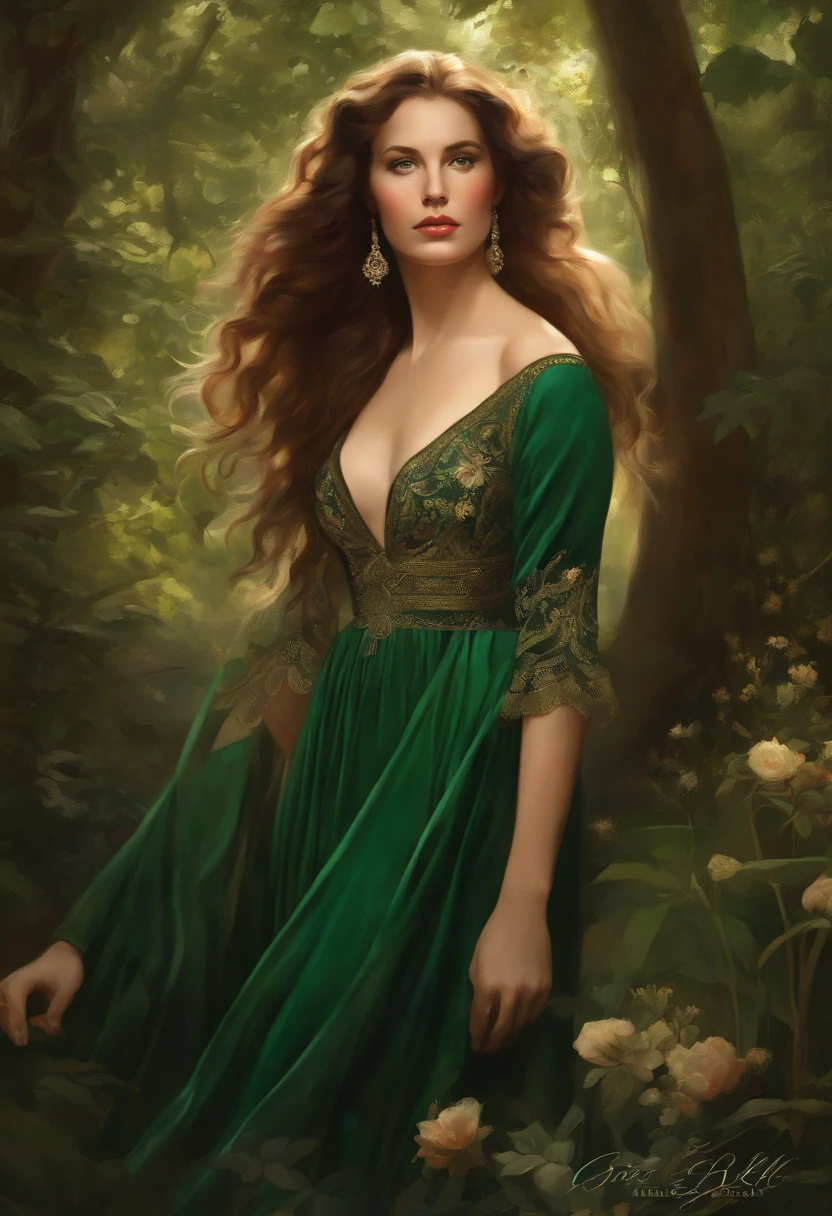 Painting of a beautiful and sexy woman, green eyes, ((with long medusa hair, falling over her shoulders)) and an embroidered dress, ((Spanish gypsy, from the Victorian Era)), ((Grace Kelly style )), wearing a low-cut green dress with a V-neck corset embroidered in black, in the background forest and flowers, Bowater art style, baroque digital painting, Renaissance digital painting, masterpiece! inspired by Franz Xaver Winterhalter, inspired by Friedrich von Amerling, beautiful character painting, beautiful digital painting, inspired by Thomas Lawrence, beautiful yywater painting, refraction, reflections, mirrors, prisms, sunlight, bright lights!! Complex, elegant, highly detailed digital painting, art station, concept art, sharp and soft focus, illustration, art by ( ( ( ( Artgerm ) ) ) ) and ( Greg Rutkowski )! and (((Alphonse Mucha))), eyes reflecting in eyes reflecting to infinity