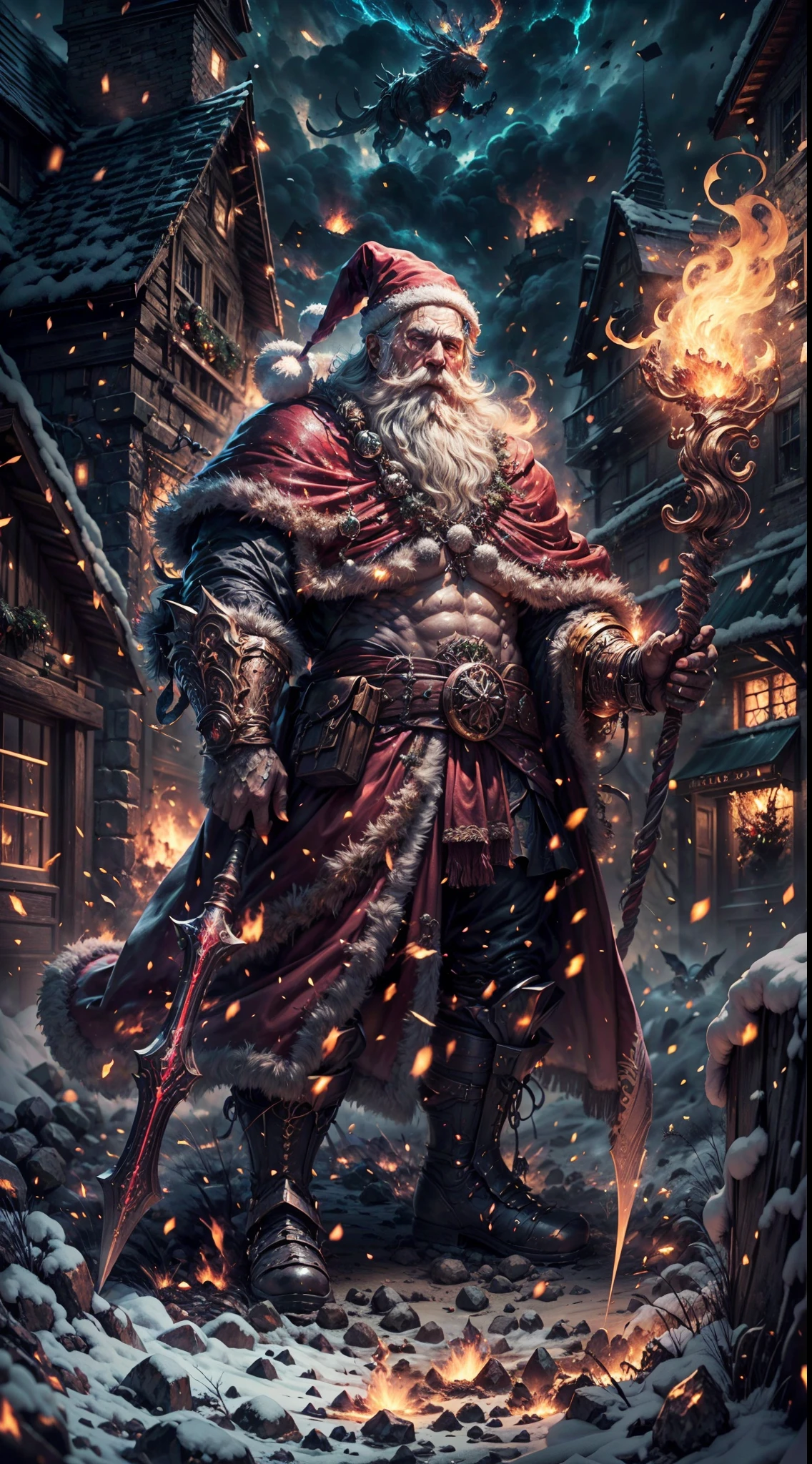 Full body,(a detailed artwork), Santa Claus as boss of game Dark Souls in the Christmas DLC, detailed eyes of Santa Claus, detailed lips of Santa Claus, extremely detailed face and beard, long white beard, muscular body of Santa Claus, wearing gold armor, holding a giant candy cane as a weapon, surrounded by a dark and gloomy environment with glowing Christmas lights, intense boss fight with fiery effects and explosions, high-resolution image (4k, 8k), HDR lighting, realistic portrayal, vibrant colors, atmospheric and ominous feel, intense action-packed scene.