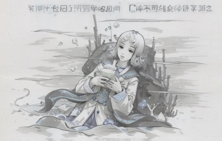 A blond baron was buried in the sea,entangled tree roots,Underwater,Holding a brain in hand