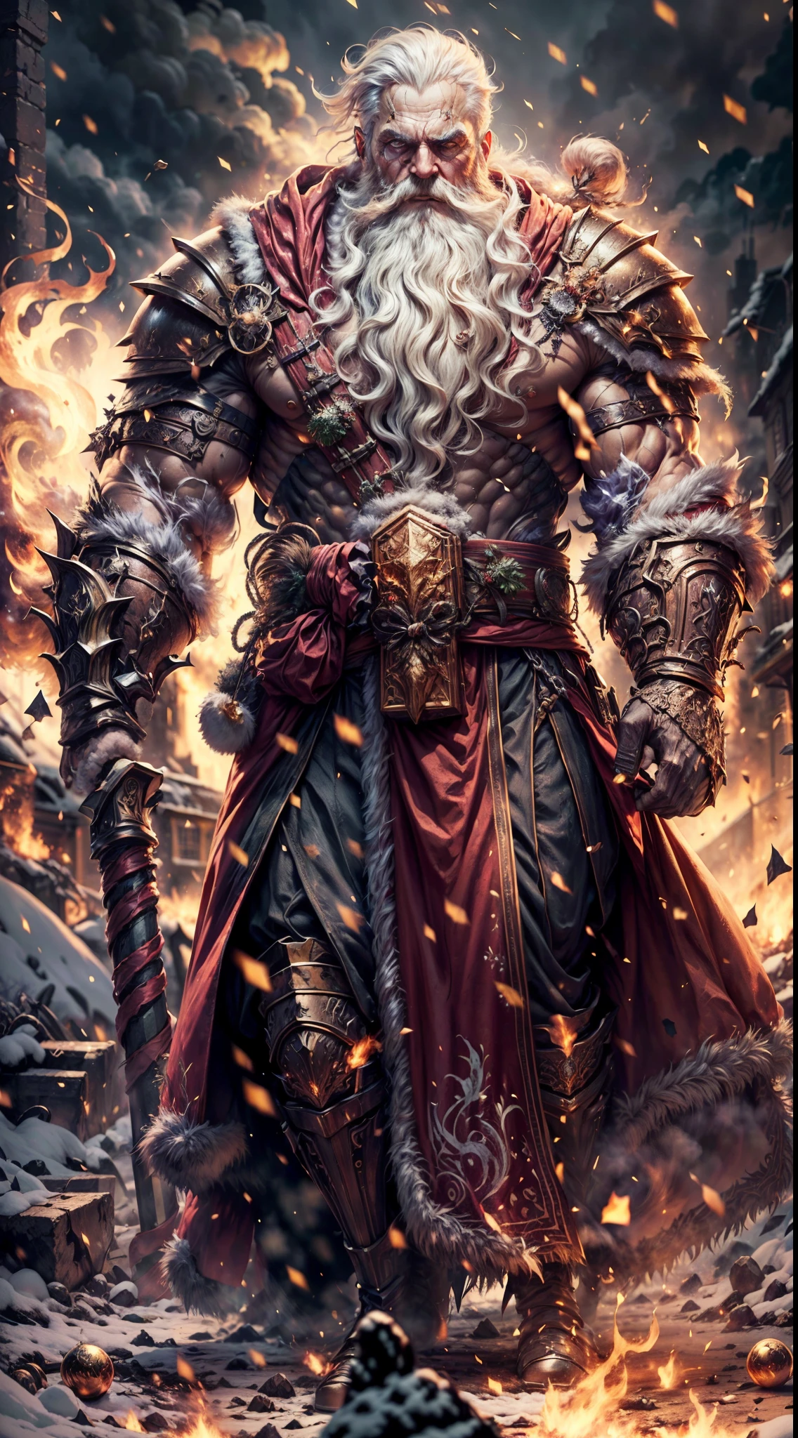 Full body,(a detailed artwork), Santa Claus as boss of game Dark Souls in the Christmas DLC, detailed eyes of Santa Claus, detailed lips of Santa Claus, extremely detailed face and beard, long white beard, muscular body of Santa Claus, wearing gold armor, holding a giant candy cane as a weapon, surrounded by a dark and gloomy environment with glowing Christmas lights, intense boss fight with fiery effects and explosions, high-resolution image (4k, 8k), HDR lighting, realistic portrayal, vibrant colors, atmospheric and ominous feel, intense action-packed scene.