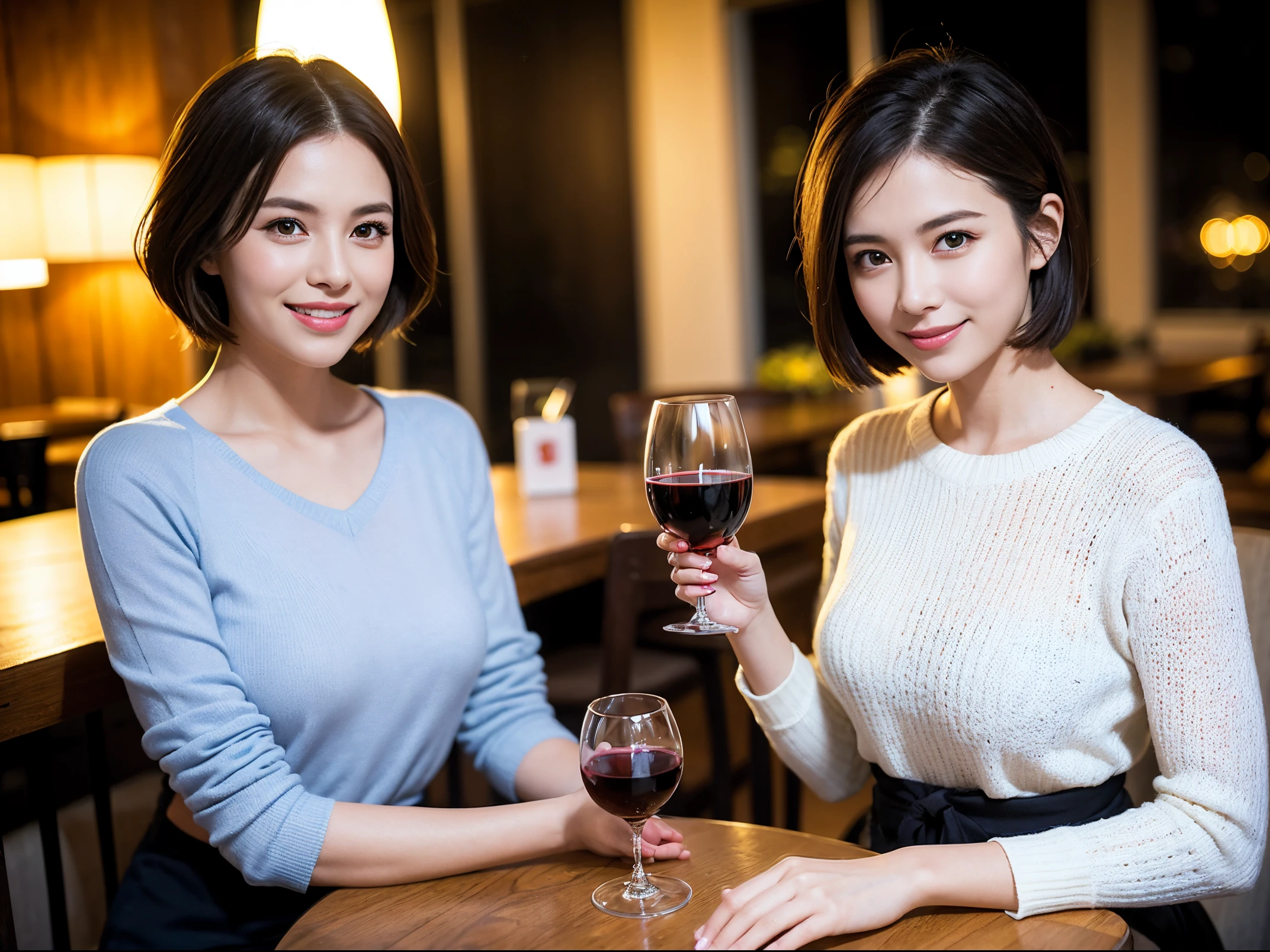(64k uhd、nffsw、top-quality、​masterpiece:1.2)、(realisitic、Photorealsitic:1.37)、ultra-detailliert、wine glasses、enjoying a glass of wine、a matural female、Two beautiful women、(Slim Faces)、(Slim body)、（brawn hair）、(short-cut)、smiling french woman、happy italian girl、British woman、Americana、blush a little on the cheeks、(38 years)、42 year old、red wine、A beautiful and detailed night view spreads out outside the window..、resturant、Wine glasses in a prominent place、natta、(from waist up)、sitting on、date、(A smile:1.15)、Beautiful detailed eyes、Cashmere sweater、long-sleeved dresses、japanes、(short-hair:1.2)、Float NovaFrogStyle、、modeled、from waist up、white wine、Slimed、wine glasses、Super beautiful night view、Put the wine glass in the middle、Happy smile、(8K、Raw photography、top-quality、​masterpiece:1.2)、(realisitic、Photorealsitic:1.37)、ultra-detailliert、超A high resolution、2 females、see the beholder、beautifull detailed face、A smile、Constriction、(Slim waist) :1.3)、knit shirt、Beautiful detailed skin、Skin Texture、floated hair、professional light needle breast、eyes gentle