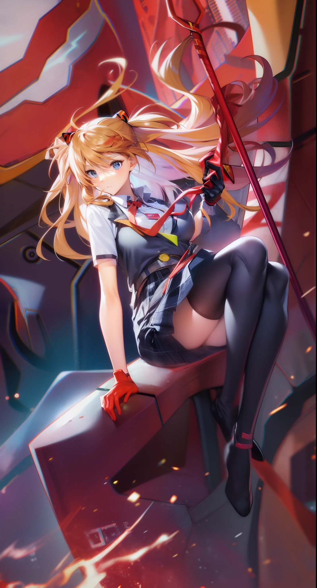 best qualtiy,asuka,Shin Evangelion,black black jacket,White color blouse,Light blue tie,Black plaid skirt