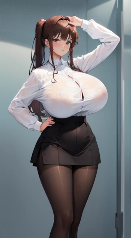 Pantyhose, gigantic breast huge breast,white shirt, over size shirt
