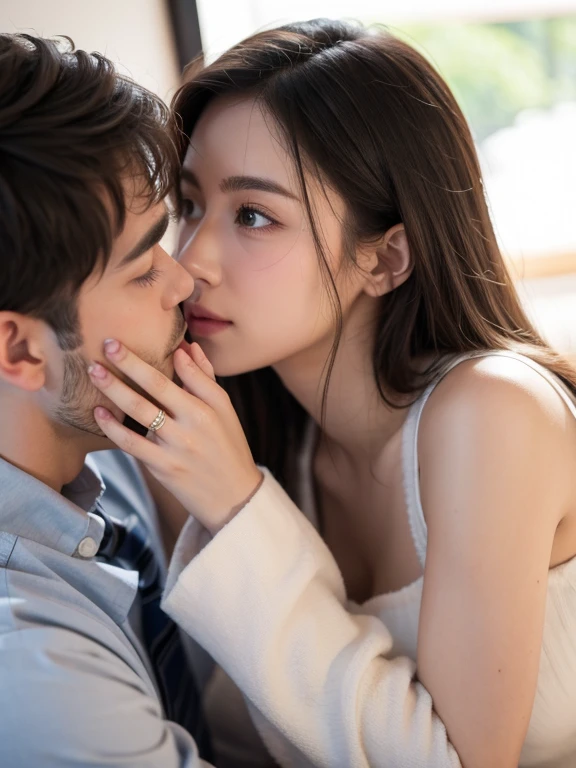 Handsome European boy touches his girlfriend's face distressedly