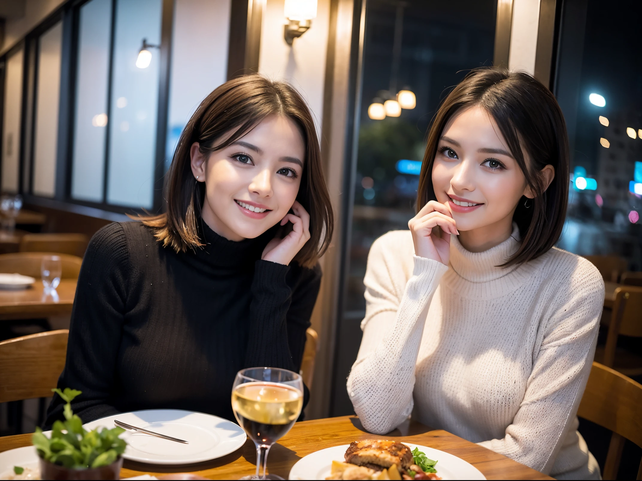 (64k uhd、nffsw、top-quality、masterpiece:1.2)、(realisitic、Photorealsitic:1.37)、ultra-detailliert、wine glasses、enjoying a glass of wine、a matural female、Two beautiful women、(Slim Faces)、(Slim body)、(brawn hair)、(short-cut)、smiling french woman、happy italian girl、British woman、Americana、blush a little on the cheeks、(38 years)、42 year old、red wine、A beautiful and detailed night view spreads out outside the window..、resturant、Wine glasses in a prominent place、natta、(from waist up)、sitting on、date、(A smile:1.15)、Beautiful detailed eyes、Cashmere sweater、long-sleeved dresses、japanes、(short-hair:1.2)、Float NovaFrogStyle、、modeled、from waist up、white wine、Slimed、wine glasses、Super beautiful night view、Put the wine glass in the middle、Happy smile、(8K、Raw photography、top-quality、masterpiece:1.2)、(realisitic、Photorealsitic:1.37)、ultra-detailliert、超A high resolution、2 females、see the beholder、beautifull detailed face、A smile、Constriction、(Slim waist) :1.3)、knit shirt、Beautiful detailed skin、Skin Texture、floated hair、professional light needle breast、eyes gentle