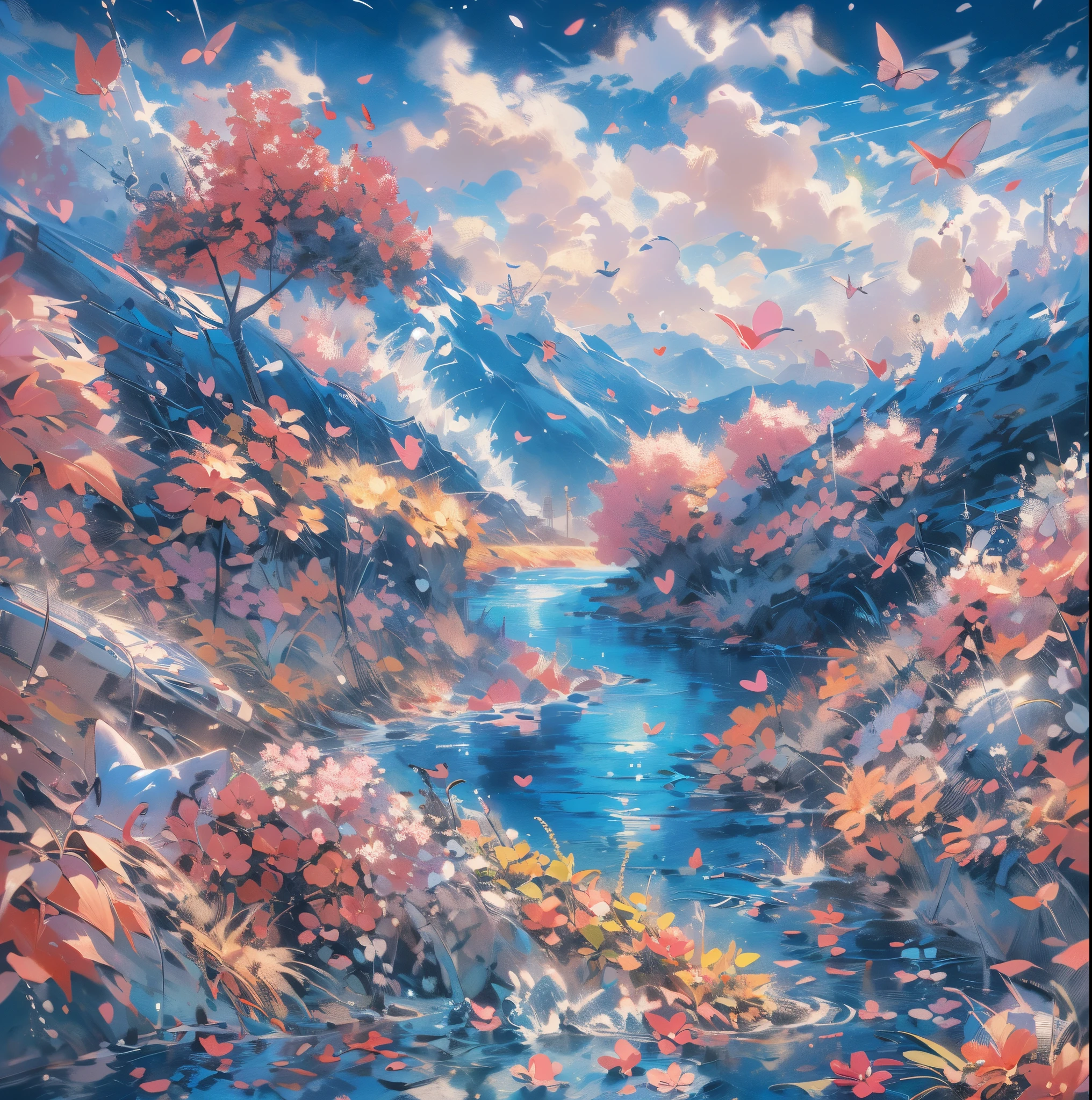 absurderes, ultra-detailliert,bright colour,(8K:1.5),masuter piece,Hearts fly,Bright scenery、For that, blue open sky,(Deep Blue Eyes:1.4) Valley、Pink skin、Summer morning、(Cat's Paradise),