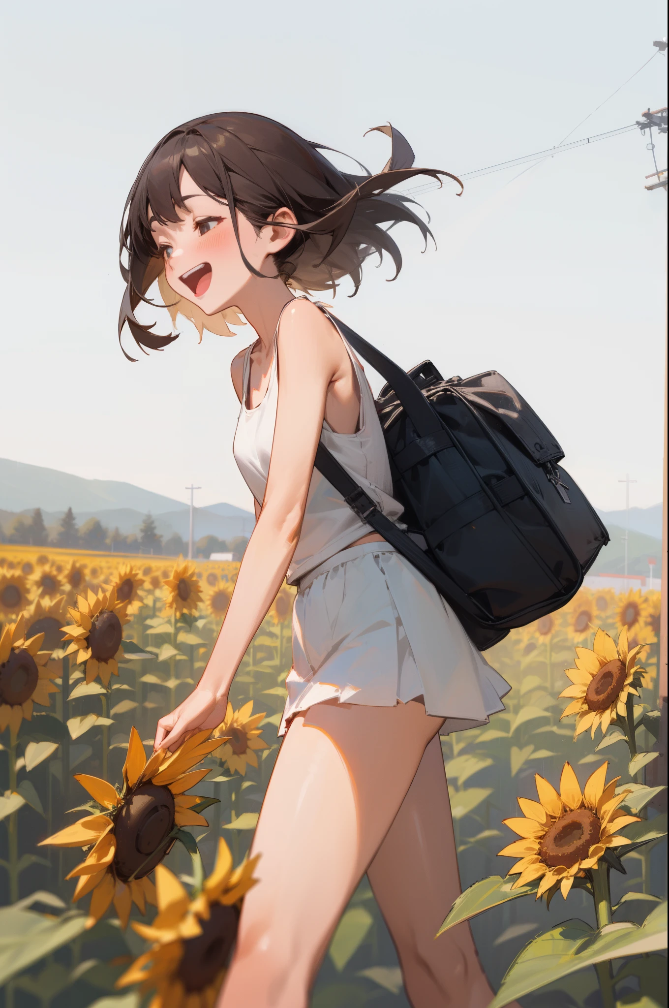 (outdoor, summer, sunflower:1.2, Paddy field), 1girl, tank top, school bag, walking, (laugh), masterpiece, best quality, 8k, perfect anatomy