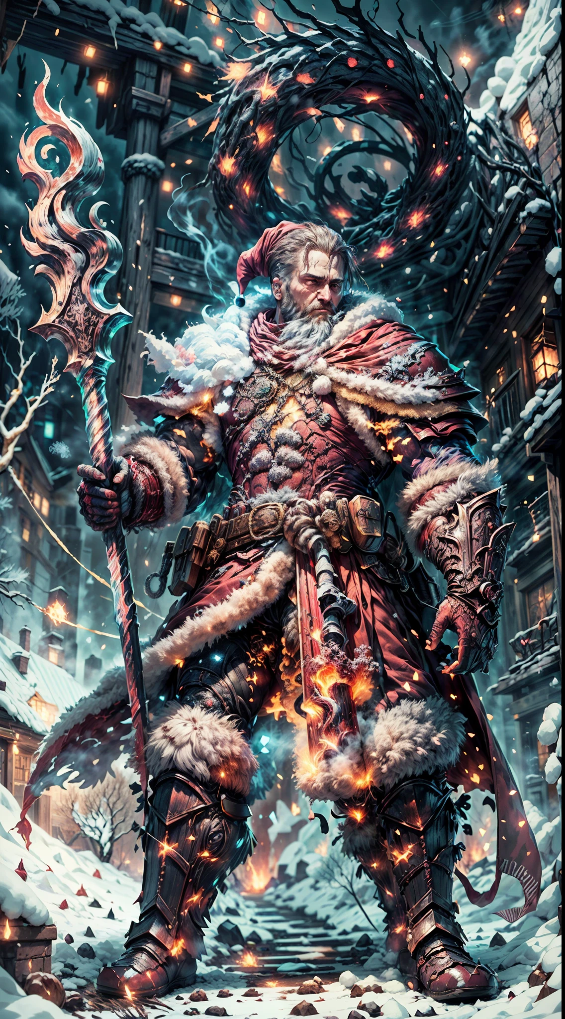 Santa Claus as the boss of the game "Dark Souls" in the Christmas DLC,best quality,4k,8k,highres,masterpiece:1.2,ultra-detailed,realistic:1.37,[HDR],[UHD],[studio lighting],extremely detailed face,beautiful detailed eyes,beautiful detailed lips,long eyelashes,[physically-based rendering],powerful physique,wearing a red and white armor suit with intricate designs,[imposing presence],holding a mighty candy cane [greatsword],surrounded by a snowy landscape,with large icicles hanging from the environment,casting a golden aura,[epic battle scene],intense fire and smoke effects,[vivid colorokeh],blue and white color scheme with hints of gold, dramatic lighting with warm highlights and cool shadows.