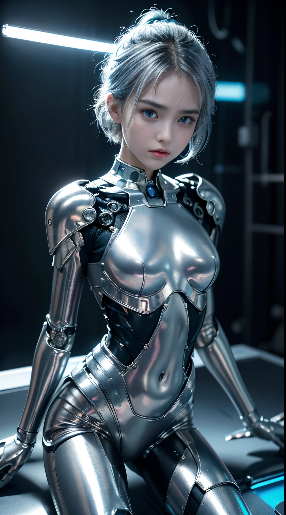 the best ever、8K,(((FULL-BODY ESBIAN)))、(((The sheen)))、(((metals)))、(((Very shiny、Very hard armor)))、(((cyber punk perssonage)))、The cute beauty of mecha(Best quality at best, detailed detail, On the table, , 8K, lightand shade contrast,Huge photos, super realistic、photorealestic, Nikon videos are very detailed )、((Beautiful shiny natural eye-catching navel、Human skin type、((Highly realistic human))、(Perfectly rounded pupils)、The details of the pupil and iris are amazing、(((shinning eyes)))、accurate fingers、No problem with limbs、(((Caucasian 14 year old girl)))、((The skin is very fair,,,,,,,,,,,,,,))、Mouth closed naturally、naturey、natural 、gazing eyes、Natural body、a baby face、Feminine face、female bodies、(with a round face)、a small face、Soft cheeks、looking at the camera in、FULL-BODY ESBIAN、、Beautiful sparkling natural eyes、Human skin type、((Highly realistic human))、(Perfectly rounded pupils)、The details of the pupil and iris are amazing、No problem with limbouth closed naturally、naturey、natural 、gazing eyes、Natural body、A bit baby-faced、Feminine face、female bodies、with a round face、a small face、Soft cheeks、looking at the camera in、FULL-BODY ESBIAN、balanced face shape、eyes shedding tears、(not a broken eye)、Have human-like body proportions、(((The arms are slightly longer)))、(Torso quite long)、(((Hands are slightly biggece、(((Glowing blue light blue silver hair)))、(((Handsome and cute short hair)))、(((The background is the future)))、(((8 head body)))、(((Glowing light purple eyes)))、(((Thin silver eyebrows)))、(((tthin eyebrows)))、Look at this、Gentle double eyelids、(((gentle face)))、(((Background mech)))、BladeCop)))、Fantasma na Concha、create、Space Detective Gavin、beat、、(((Night background)))、(((nomake-up)))、(((Hollywood sci-fi movie lighting))、(((New York, 5000 AD)))、((cyan and orange))、Height 164 cm、Leg length 80cm、The head is 21 cm long、,very cleverlyXan legs、cool-pose、Shin Evangelion、ayanami rei、(((Shady)))、((combat readiness))、Cyborg、Android