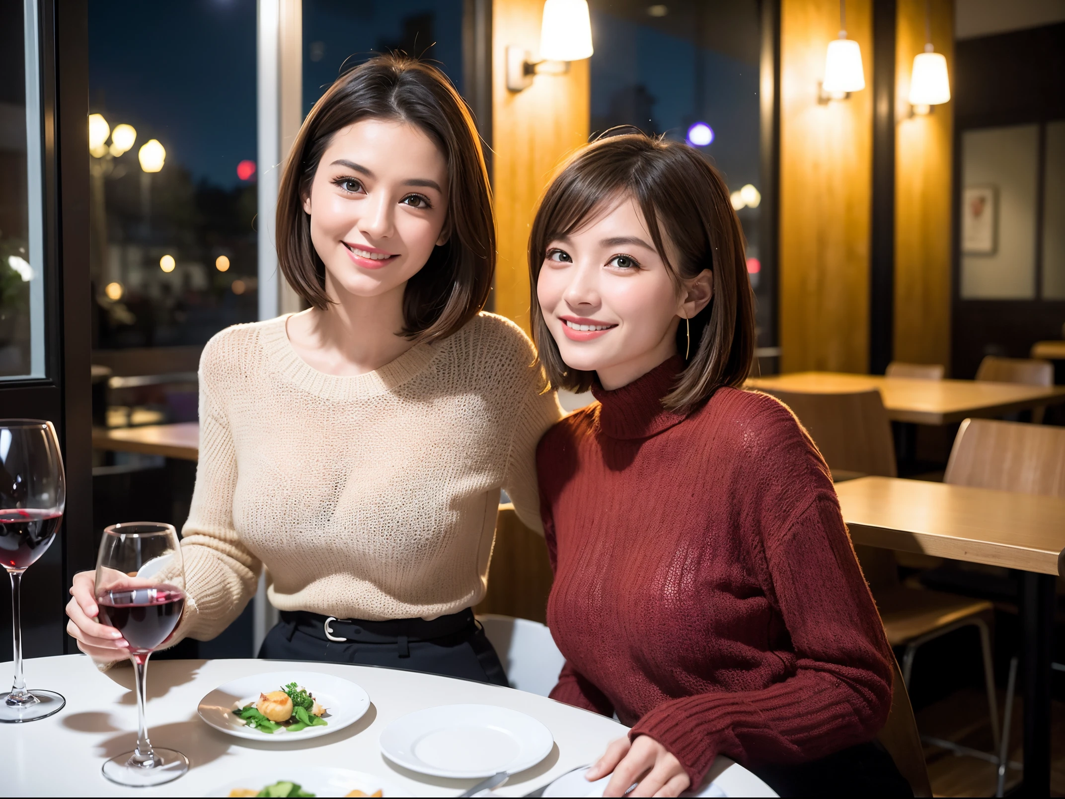 (64k uhd、nffsw、top-quality、​masterpiece:1.2)、(realisitic、Photorealsitic:1.37)、ultra-detailliert、wine glasses、enjoying a glass of wine、a matural female、Two beautiful women、(Slim Faces)、(Slim body)、（brawn hair）、(short-cut)、smiling french woman、happy italian girl、British woman、Americana、blush a little on the cheeks、(38 years)、42 year old、red wine、A beautiful and detailed night view spreads out outside the window..、resturant、Wine glasses in a prominent place、natta、(from waist up)、sitting on、date、(A smile:1.15)、Beautiful detailed eyes、Cashmere sweater、long-sleeved dresses、japanes、(short-hair:1.2)、Float NovaFrogStyle、、modeled、from waist up、white wine、Slimed、wine glasses、Super beautiful night view、Put the wine glass in the middle、Happy smile、(8K、Raw photography、top-quality、​masterpiece:1.2)、(realisitic、Photorealsitic:1.37)、ultra-detailliert、超A high resolution、2 females、see the beholder、beautifull detailed face、A smile、Constriction、(Slim waist) :1.3)、knit shirt、Beautiful detailed skin、Skin Texture、floated hair、professional light needle breast、eyes gentle