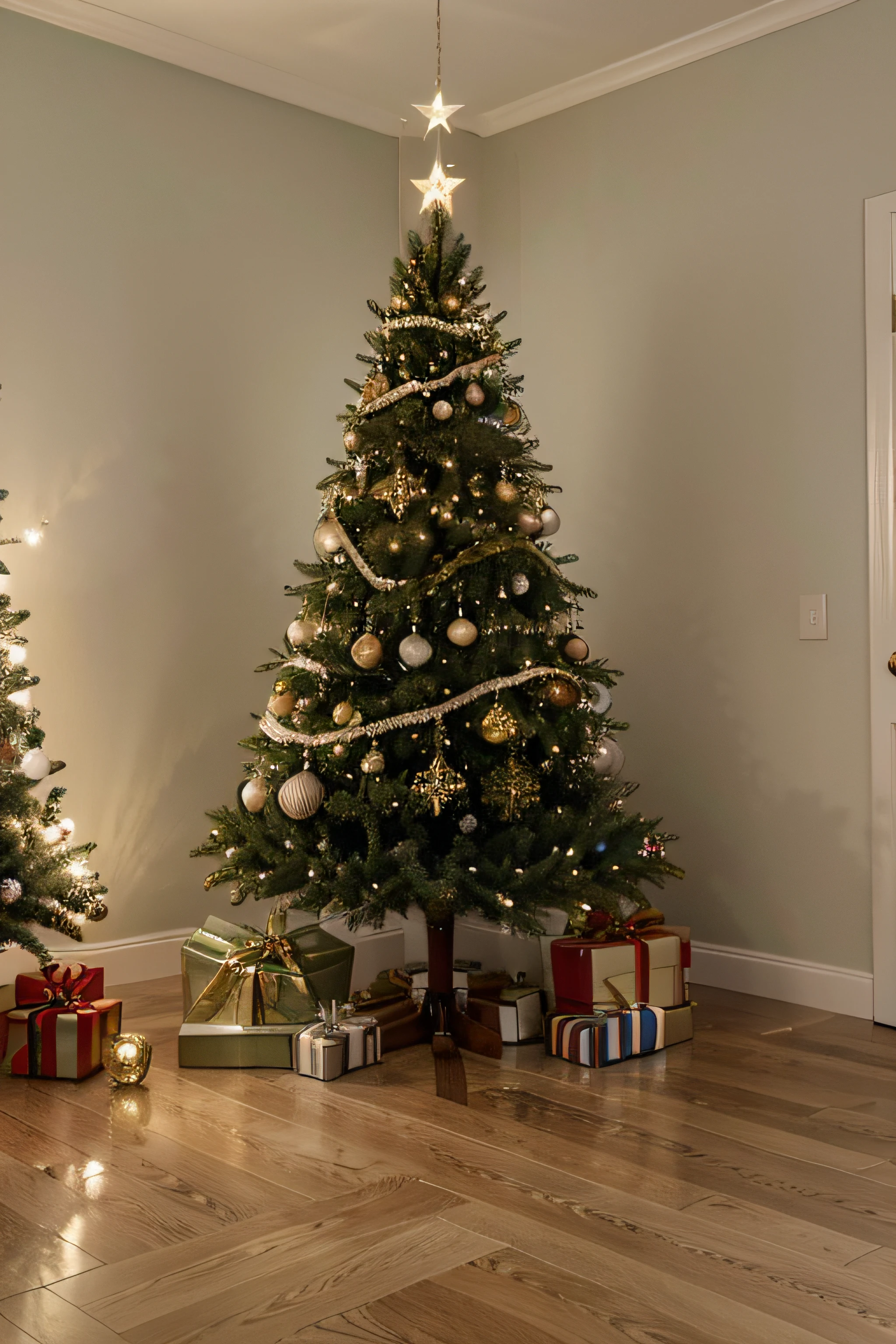 Beautiful Christmas tree with a big, shining star at the top of a cozy room with gifts at the base of the tree, luzes suaves, detalhes em verde, vermelho, ouro, e branco. Minimalista, ultra-detalhado, e imagem realista com texturas e detalhes de alta qualidade, taken by a professional photographer. Perform careful post-production to improve image quality. ajustar cores, Contraste, e nitidez para garantir uma vibrante, clear representation.