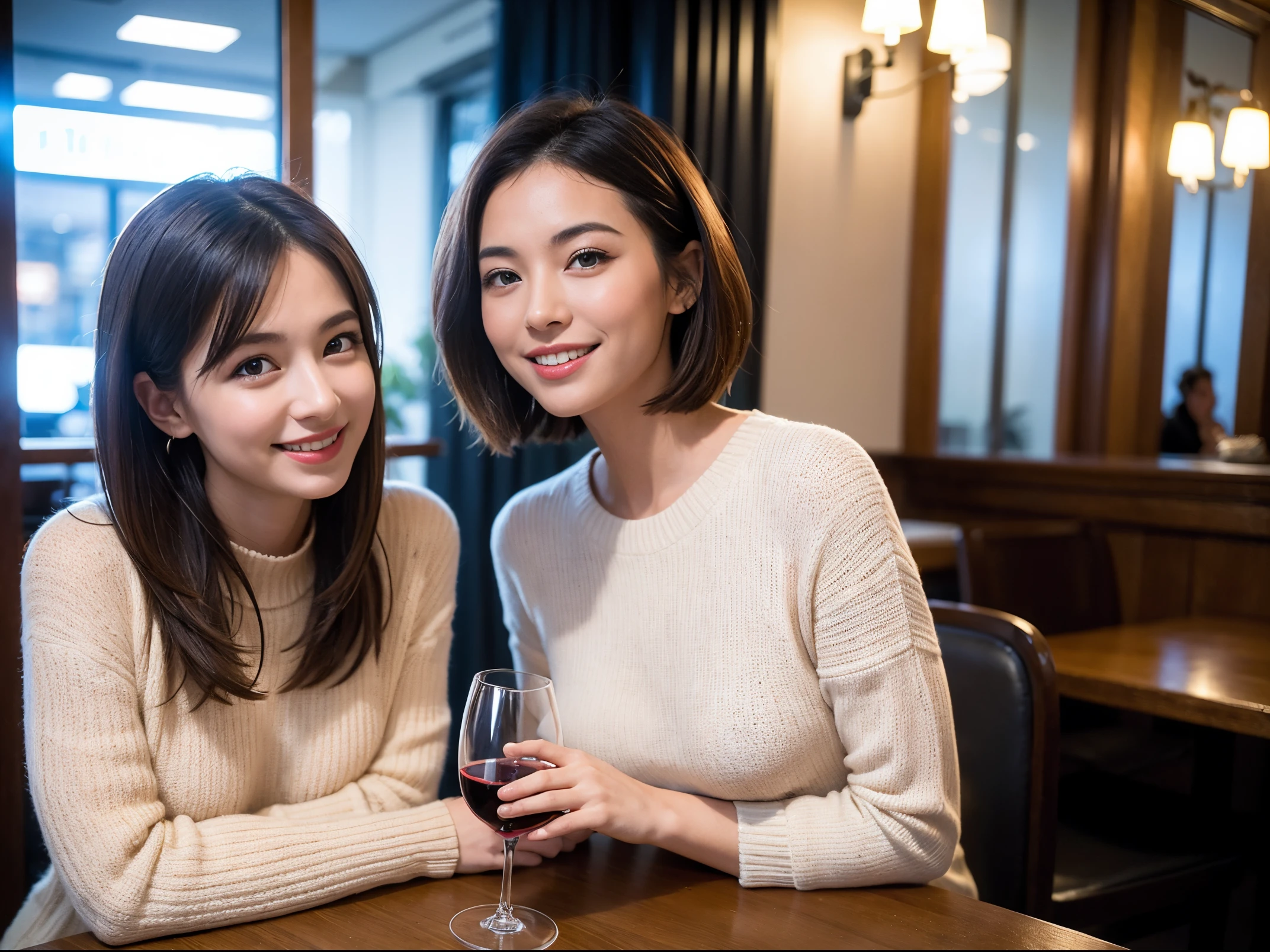 (64k uhd、nffsw、top-quality、​masterpiece:1.2)、(realisitic、Photorealsitic:1.37)、ultra-detailliert、wine glasses、enjoying a glass of wine、a matural female、Two beautiful women、(Slim Faces)、(Slim body)、（brawn hair）、(short-cut)、smiling french woman、happy italian girl、British woman、Americana、blush a little on the cheeks、(38 years)、42 year old、red wine、A beautiful and detailed night view spreads out outside the window..、resturant、Wine glasses in a prominent place、natta、(from waist up)、sitting on、date、(A smile:1.15)、Beautiful detailed eyes、Cashmere sweater、long-sleeved dresses、japanes、(short-hair:1.2)、Float NovaFrogStyle、、modeled、from waist up、white wine、Slimed、wine glasses、Super beautiful night view、Put the wine glass in the middle、Happy smile、(8K、Raw photography、top-quality、​masterpiece:1.2)、(realisitic、Photorealsitic:1.37)、ultra-detailliert、超A high resolution、2 females、see the beholder、beautifull detailed face、A smile、Constriction、(Slim waist) :1.3)、knit shirt、Beautiful detailed skin、Skin Texture、floated hair、professional light needle breast、eyes gentle