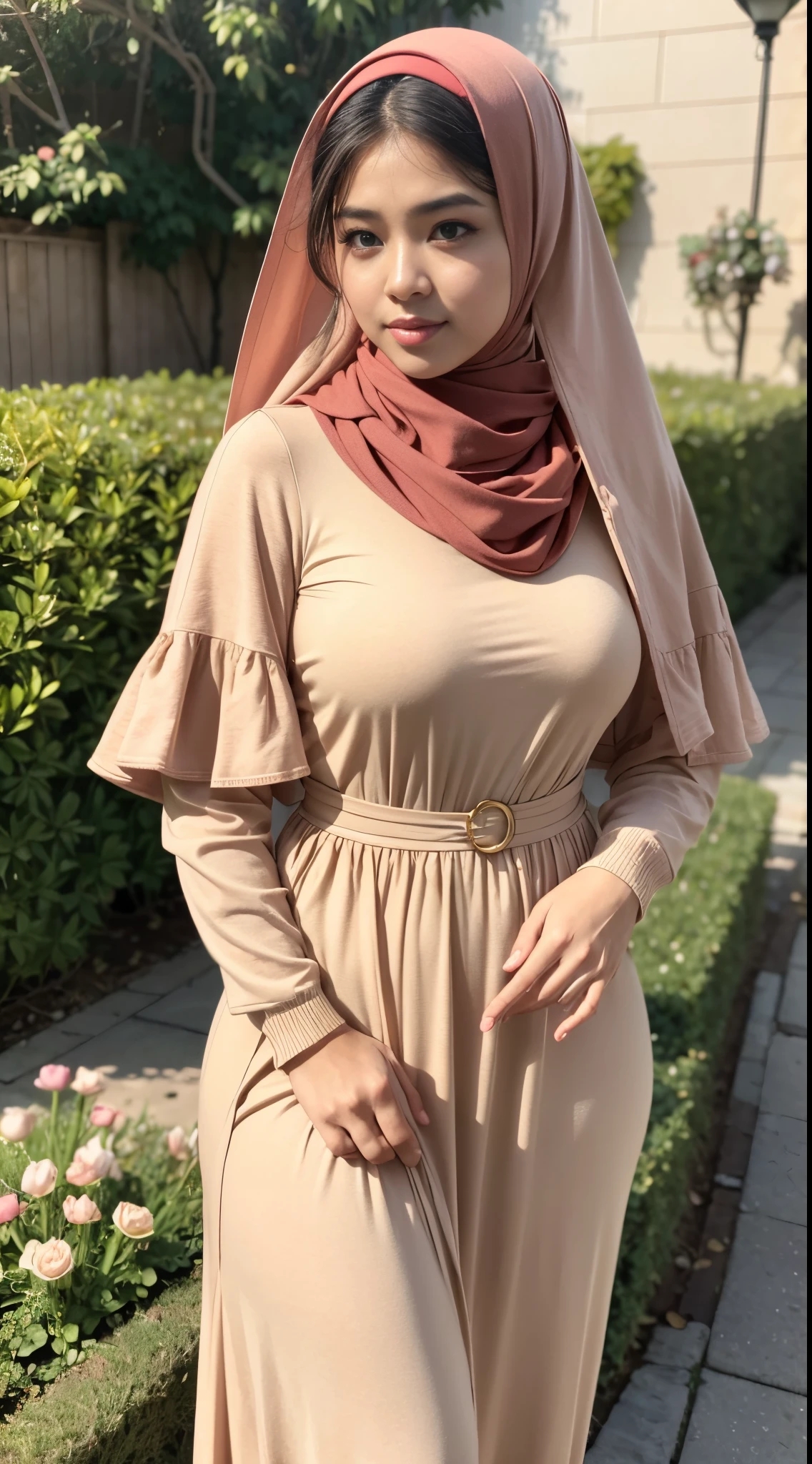 RAW, Best quality, high resolution, masterpiece: 1.3), beautiful Malay woman in hijab,Masterpiece, perfect fit body, Huge breast, big gorgeous eyes, open mount,Soft smile,woman in a brown dress and a red scarf, multilayered outfit, inspired by Nazmi Ziya Güran, brown hijab, cream colored blouse, feminine in cute pastel shades, full body picture, brown and light-red outfit, feminine in pastel shades, puff sleeves, inspired by Ni Yuanlu, inspired by Lily Delissa Joseph, brown sleeves ,thick thighs, Delicate turtleneck, long necklace, shairband, afternoon walk, garden plant, Excellent lighting, Bright colors, Clean lines