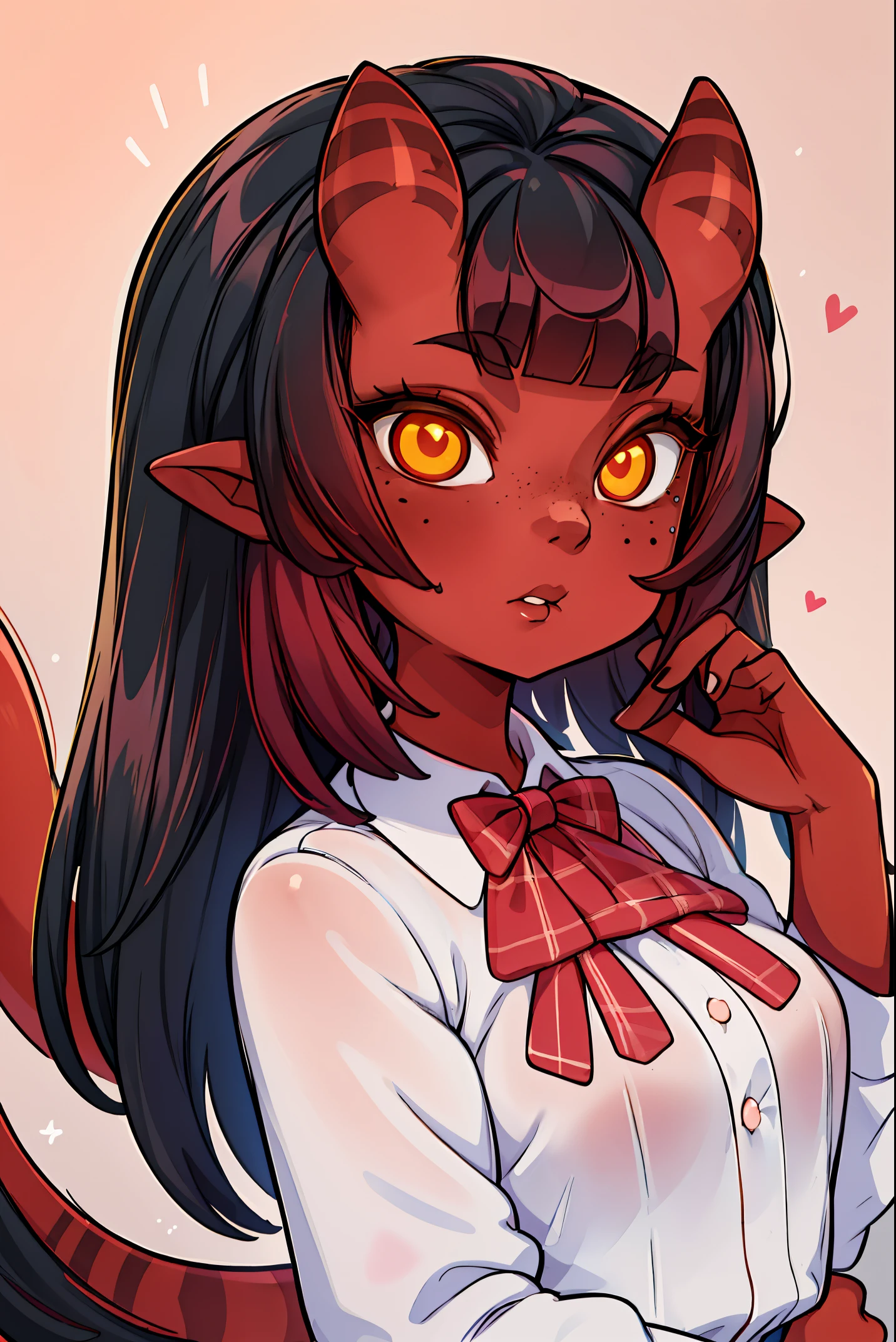 (masterpiece, best quality), 1girl, beautiful face, beautiful body,  meruccubus, red oni, colored skin, red skin, pointy ears, long hair, mole, oni, blunt bangs, school uniform, pink bowtie, school background