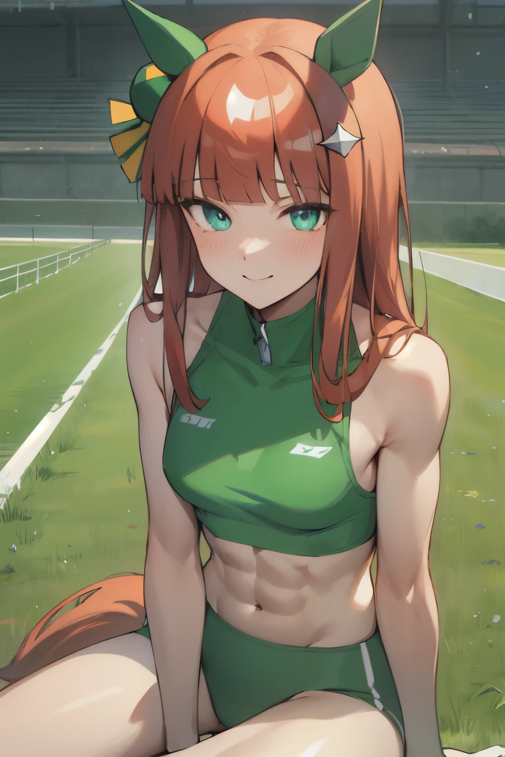 silence suzuka\(umamusume\), ((ultra-detailed face)), masterpiece, best quality, rikujou, symmetrical face, beautiful face, muscle, small tits, horse tail, smile, abs, athletics track, hand between legs