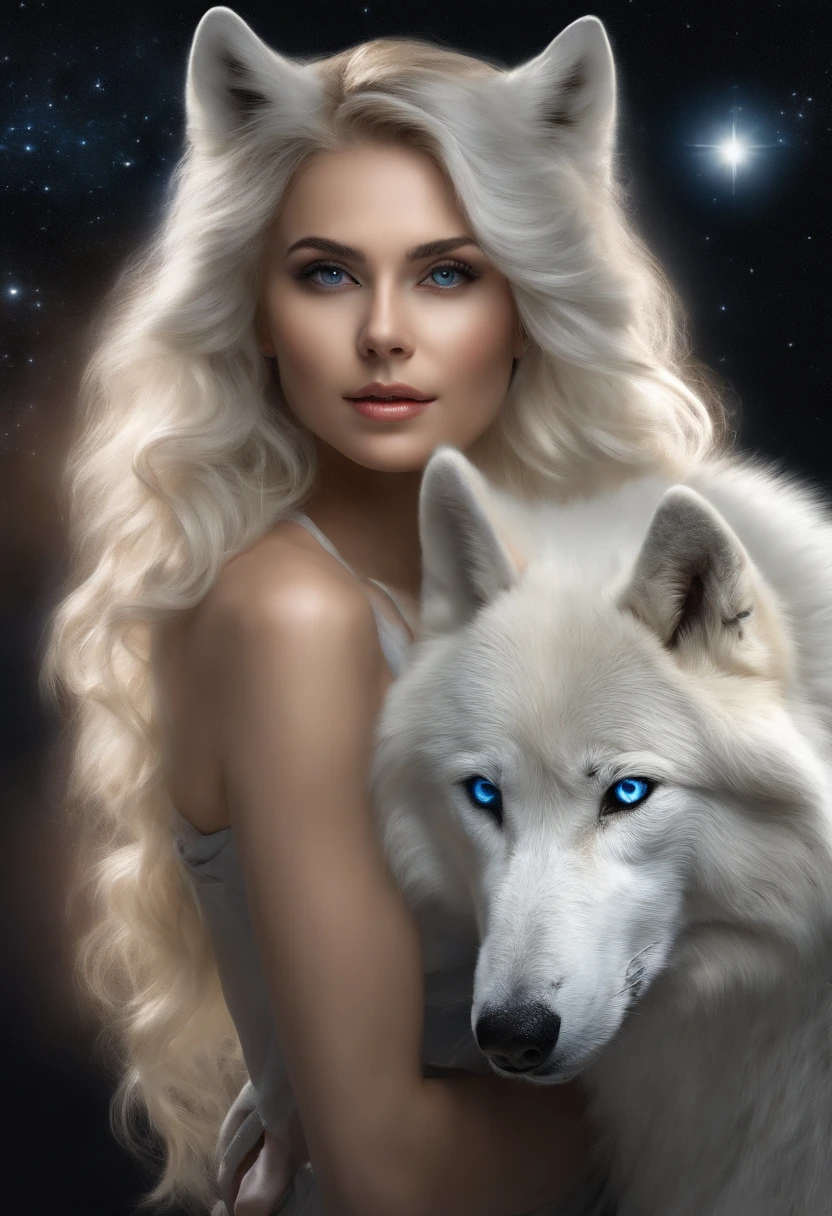((White wolf and girl)), (huge wolf), The white wolf&#39;s fur glows with silver sparks, (a huge white wolf guards a beautiful young girl), motion, running in front, forward bend, (Venus de Milo), (NSFW), a goddess, blue eyes, (VERY Young Girl), ((girl 16 years old)) lips ajar, blue eyes, Blonde girl, very long curly hair, board transparent, transparent air pay, silver collar, silver belt, greek sandals, silver sandals, starry sky background, A lot of stars, background Orion Nebula, Two moons, Orion Nebula, go star trek, the milky way is at your feet. Full Growth Photo, Panoramic view, (Masterpiece: 1.5) (Photorealistic: 1.1) (Best Quality) (detail skin texture, pores, hairsh: 1.1) (Intricate) (8K) (HDR) (wallpapers) (Cinematic lighting) (sharp-focus)