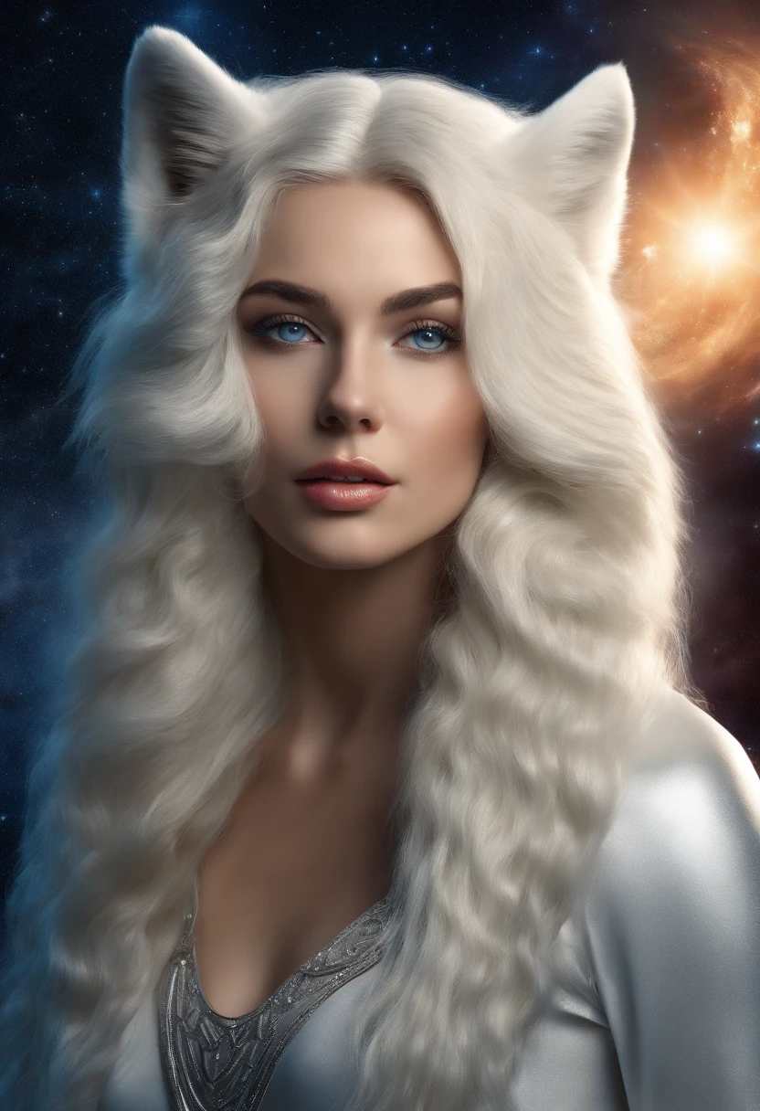 ((Masterpiece)), (Best Quality), (Detailed), (1 wolf) (1girl), (universe) light blue gradient hair, light blue glowing eyes, wavy long, NSFW, Covered in silver threads, neck covered with silver threads, Orion Nebula background