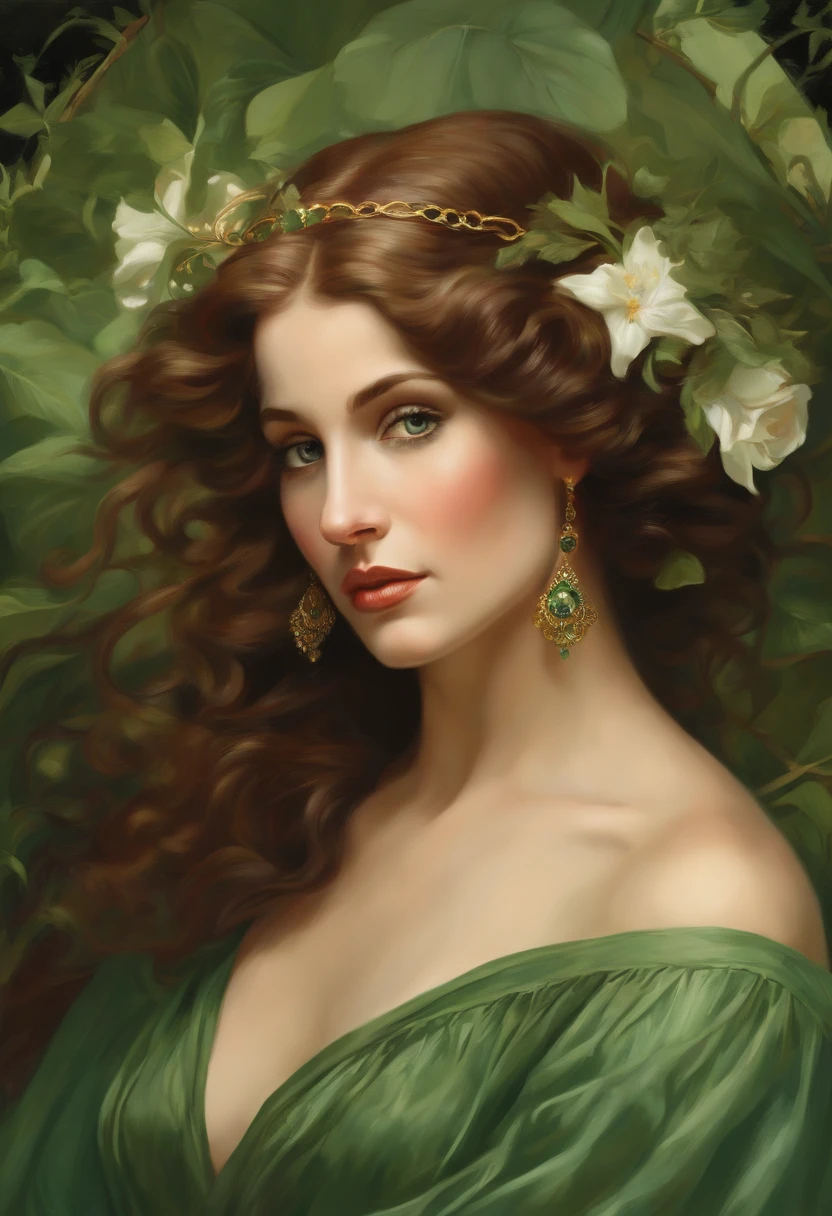 Painting of a beautiful and sexy woman, green eyes, ((with long medusa hair, falling over her shoulders)) and an embroidered dress, ((Spanish gypsy, from the Victorian Era)), ((Norma Shearer style)), wearing a low-cut green dress with a V-neck corset embroidered in black, in the background forest and flowers, Bowater art style, baroque digital painting, Renaissance digital painting, masterpiece! inspired by Franz Xaver Winterhalter, inspired by Friedrich von Amerling, beautiful character painting, beautiful digital painting, inspired by Thomas Lawrence, beautiful yywater painting, refraction, reflections, mirrors, prisms, sunlight, bright lights!! Complex, elegant, highly detailed digital painting, art station, concept art, sharp and soft focus, illustration, art by ( ( ( ( Artgerm ) ) ) ) and ( Greg Rutkowski )! and (((Alphonse Mucha))), eyes reflecting in eyes reflecting to infinity