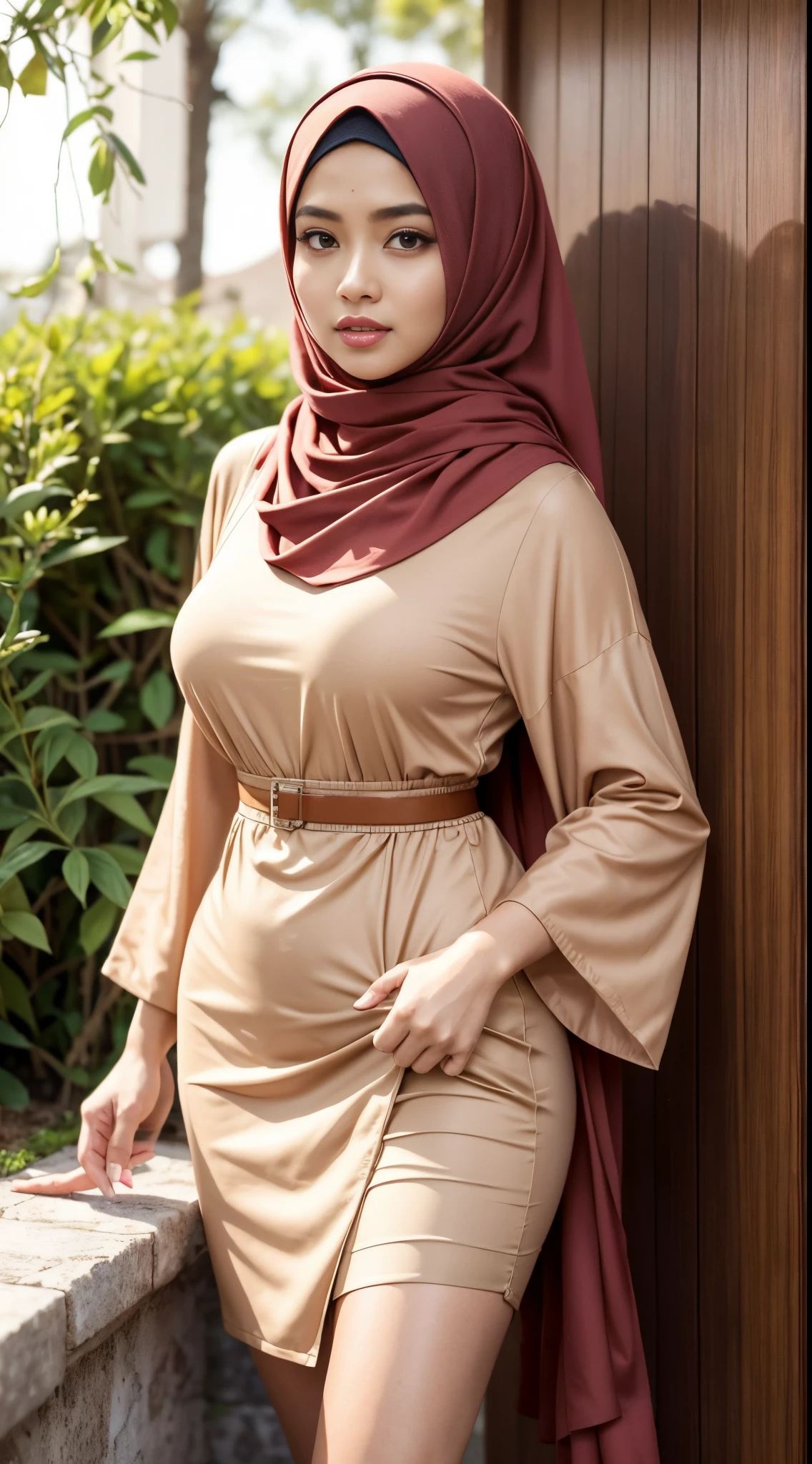 RAW, Best quality, high resolution, masterpiece: 1.3), beautiful Malay woman in hijab,Masterpiece, perfect fit body, Huge breast, big gorgeous eyes, open mount,Soft smile,woman in a brown dress and a red scarf, multilayered outfit, inspired by Nazmi Ziya Güran, brown hijab, cream colored blouse, feminine in cute pastel shades, full body picture, brown and light-red outfit, feminine in pastel shades, puff sleeves, inspired by Ni Yuanlu, inspired by Lily Delissa Joseph, brown sleeves ,thick thighs, Delicate turtleneck, long necklace, shairband, afternoon walk, garden plant, Excellent lighting, Bright colors, Clean lines
