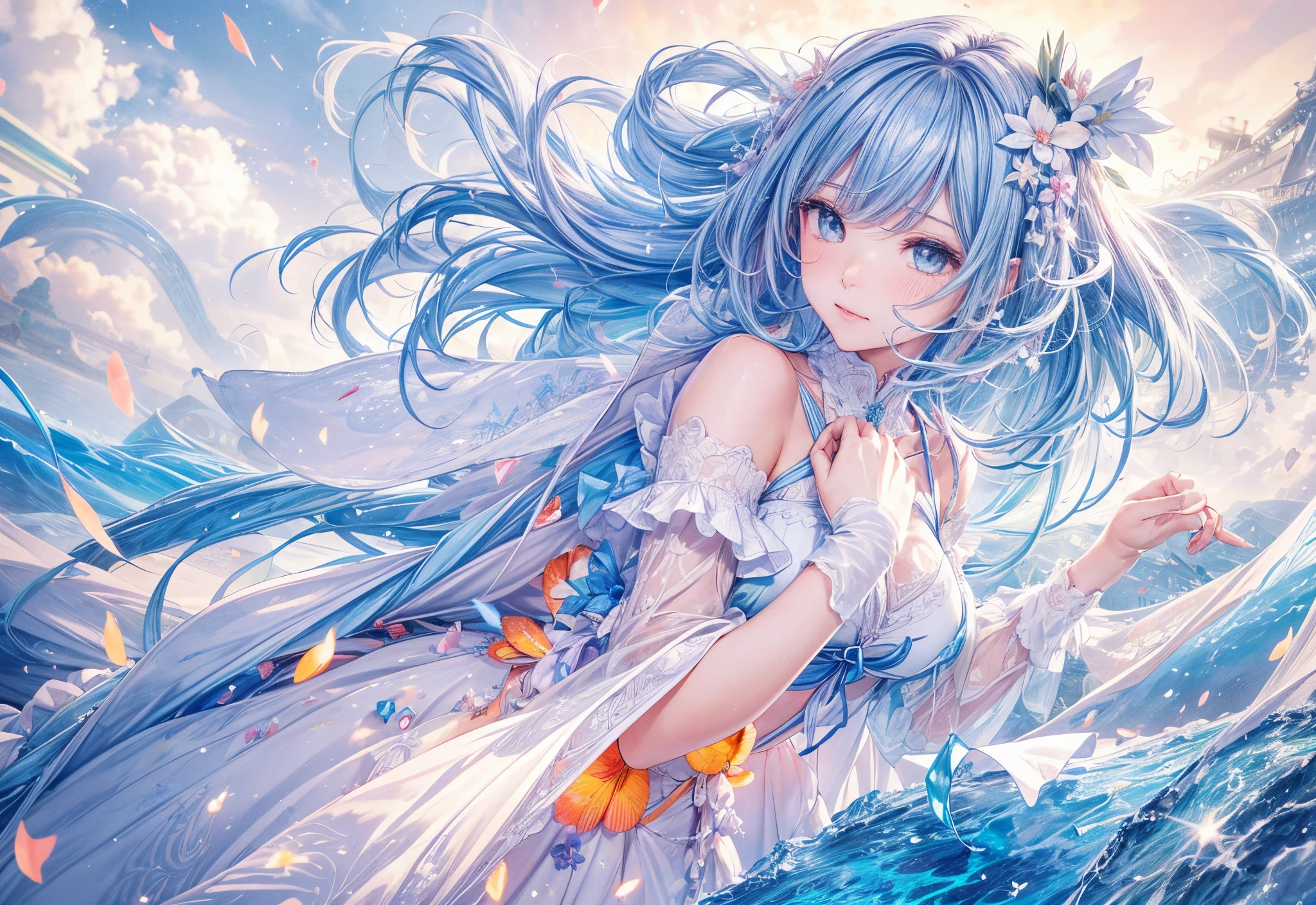 top-quality,masutepiece,1womanl,独奏,(abstract  art:1.4),(Superb view:1.6),(A sparkling blue world:1.4),(psychedelic:1.4)There is a beautiful woman at the center of the world,A ray of light,prisma,Please wear&#39;Please wear&#39;Please wear&#39;please don&#39;t cry now,Please let me know as usual,Only the light sways quietly, A heart that has been repeated over and over again is as fragile as glass,love that won&#39;not&#39;doesn&#39;t happen&#39;Sleep has nowhere to go,Something like fluff floating in space,When a hot impulse blows into my chest,The flow of time and the stopping of water,With a trembling feeling,i&#39;i&#39;i&#39;i&#39;m still in a dream,Classic blue tears overflow,If a miracle blows in this heart, I wish I could be honest like this,The feelings of a loved one are still alive.If a strong wind blows somewhere in this city,sad day々Colored by the beautiful sky,