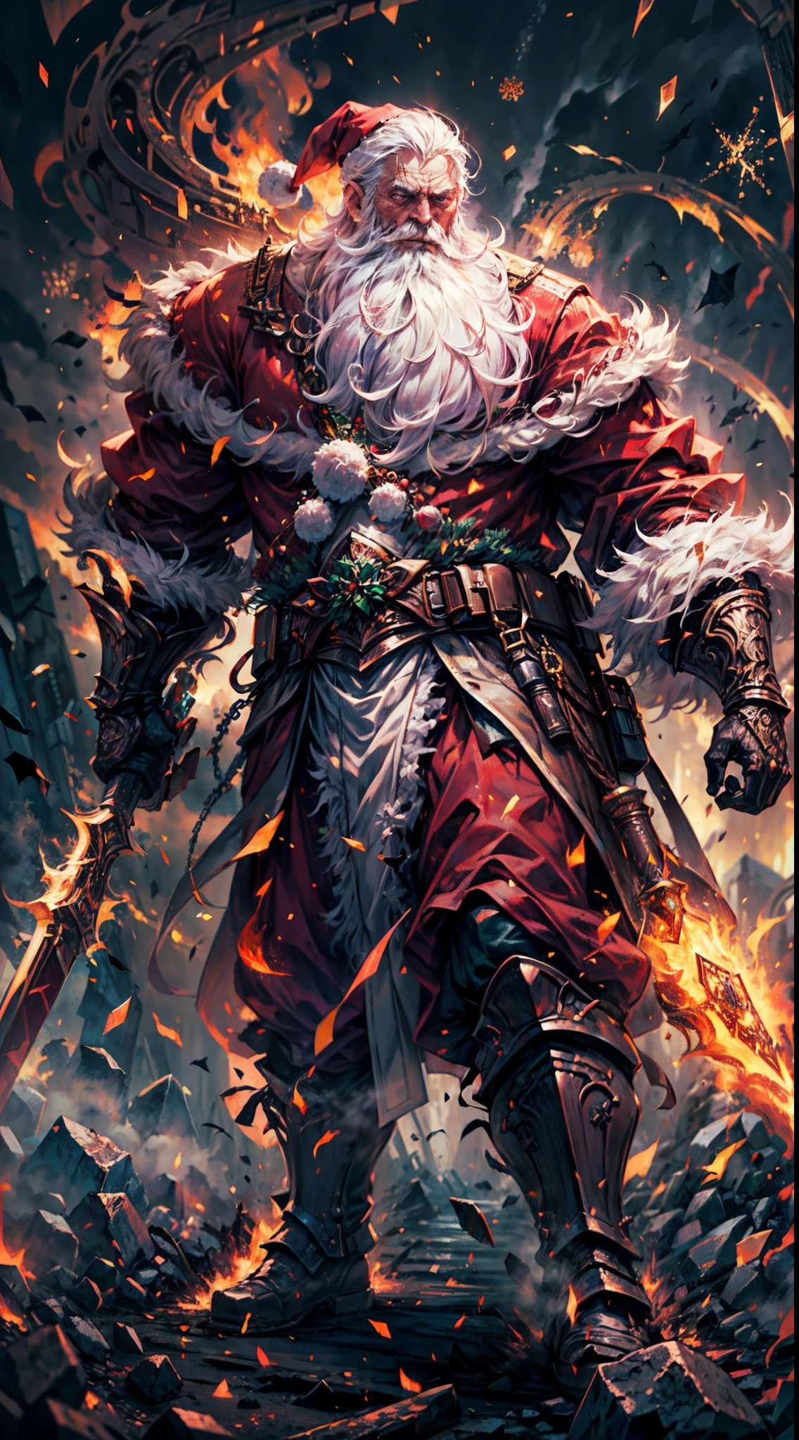 Full body,(a detailed artwork), Santa Claus as boss of game Dark Souls in the Christmas DLC, detailed eyes of Santa Claus, detailed lips of Santa Claus, extremely detailed face and beard, long white beard, muscular body of Santa Claus, wearing gold armor, holding a giant candy cane as a weapon, surrounded by a dark and gloomy environment with glowing Christmas lights, intense boss fight with fiery effects and explosions, high-resolution image (4k, 8k), HDR lighting, realistic portrayal, vibrant colors, atmospheric and ominous feel, intense action-packed scene.