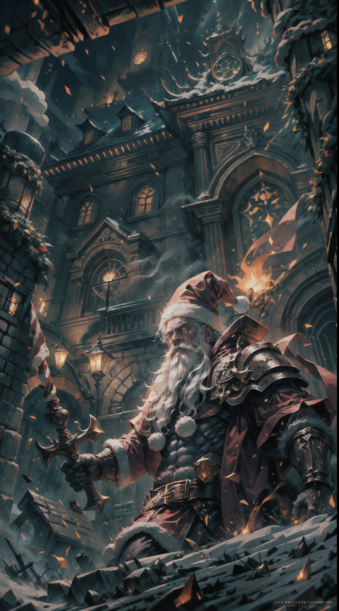 Full body,(a detailed artwork), Santa Claus as boss of game Dark Souls in the Christmas DLC, detailed eyes of Santa Claus, detailed lips of Santa Claus, extremely detailed face and beard, long white beard, muscular body of Santa Claus, wearing gold armor, holding a giant candy cane as a weapon, surrounded by a dark and gloomy environment with glowing Christmas lights, intense boss fight with fiery effects and explosions, high-resolution image (4k, 8k), HDR lighting, realistic portrayal, vibrant colors, atmospheric and ominous feel, intense action-packed scene.