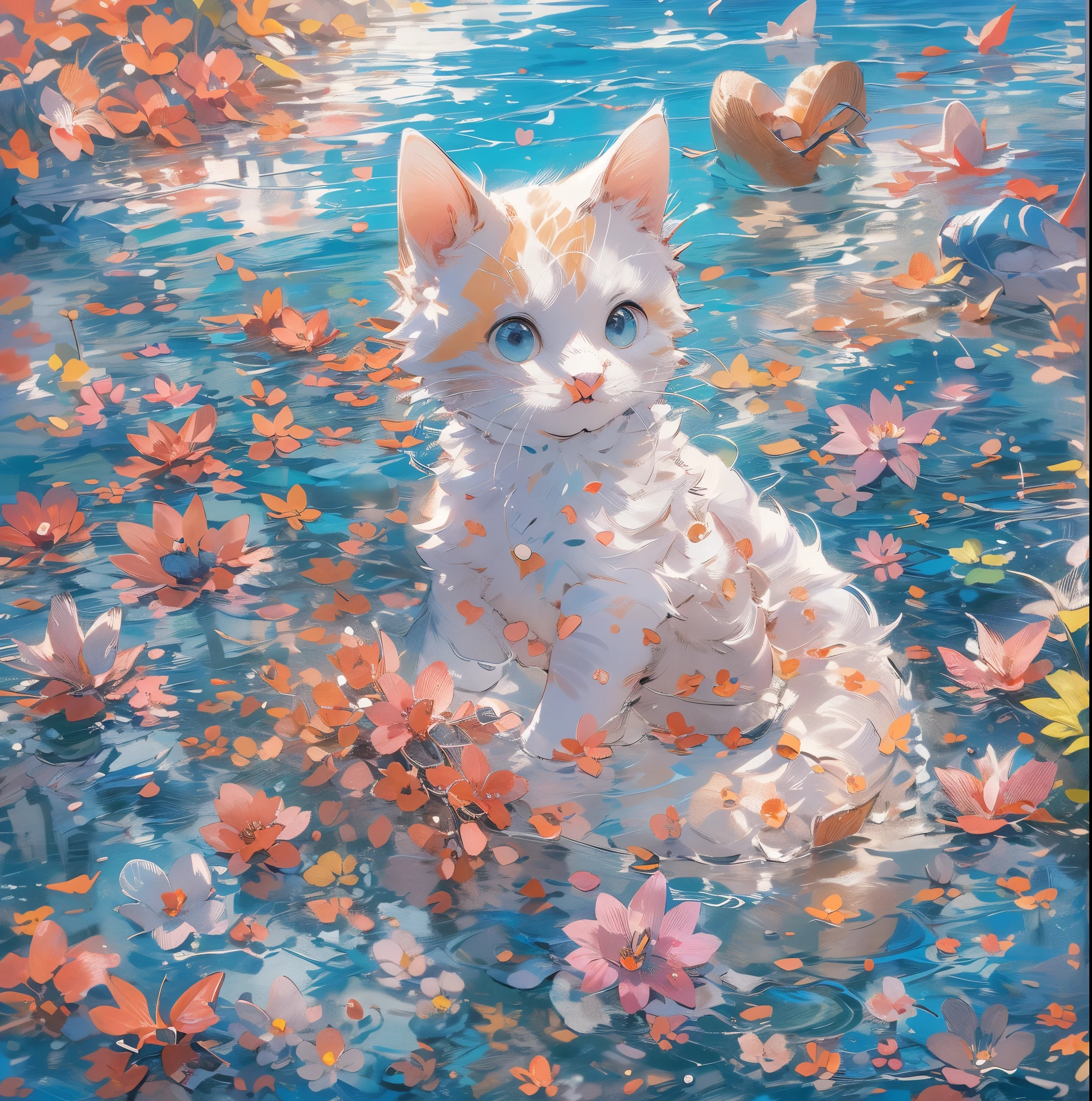 absurderes, ultra-detailliert,bright colour,(8K:1.5),masuter piece,Hearts fly,Bright scenery、For that, blue open sky,(Deep Blue Eyes:1.4) Valley、Pink skin、Summer morning、(Cat's Paradise),