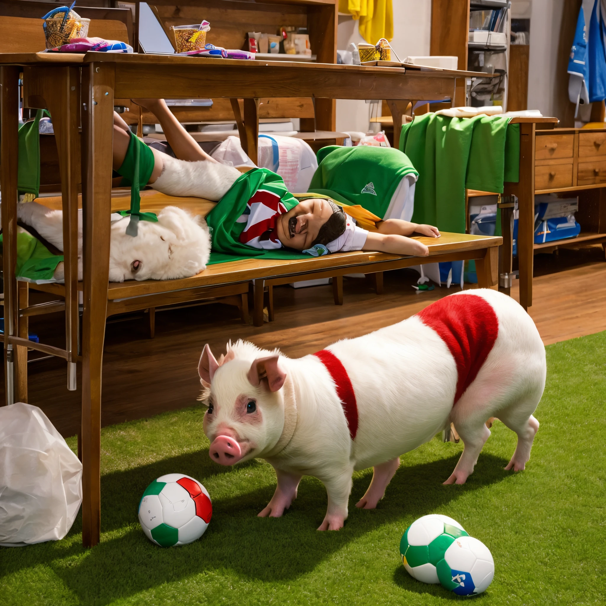 A picture of a soccer-loving pig imagining wanting to peek into a beautiful female teacher's toilet.
