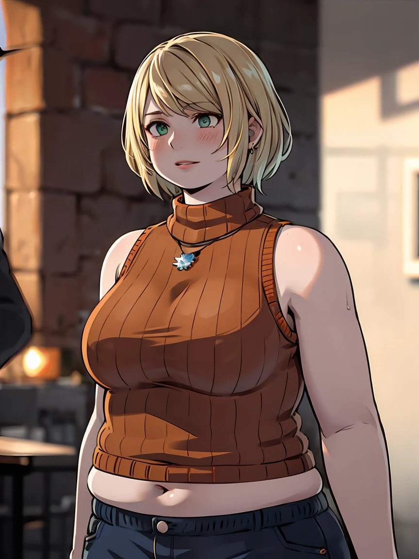 masterpiece , 4K, high quality, perfect anatomy, perfect eyes, very chubby 1girl, blurry, photo_\(medium\), realistic, short_hair, sleeveless, solo, looking_at_viewer, plump body, blonde_hair, shirt, bare_shoulders, jewelry, light green eyes, middle body, navel sample, parted_lips, necklace, sweater, lips, turtleneck, bob_cut, sleeveless_turtleneck, orange_shirt, fat Ashley, 3d,