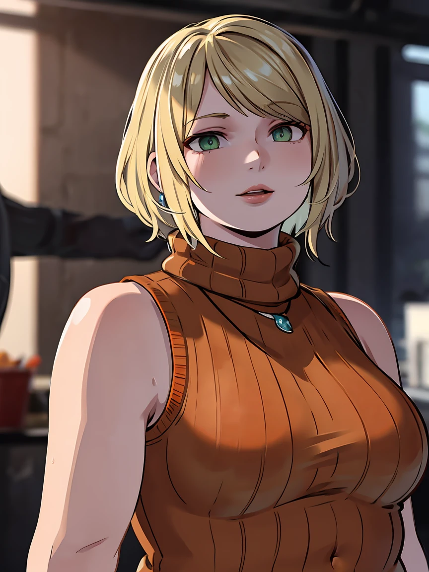 masterpiece , 4K, high quality, perfect anatomy, perfect eyes, very chubby 1girl, blurry, photo_\(medium\), realistic, short_hair, sleeveless, solo, looking_at_viewer, plump body, blonde_hair, shirt, bare_shoulders, jewelry, light green eyes, middle body, navel sample, parted_lips, necklace, sweater, lips, turtleneck, bob_cut, sleeveless_turtleneck, orange_shirt, fat Ashley, 3d,