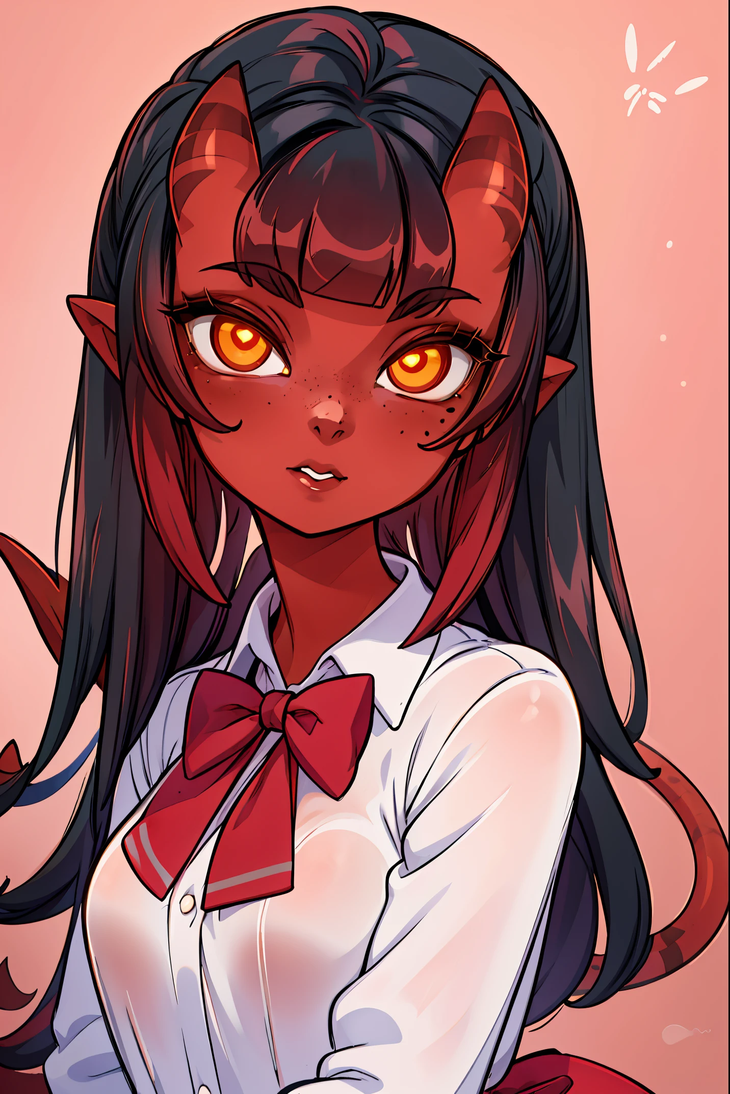 (masterpiece, best quality), 1girl, beautiful face, beautiful body,  meruccubus, red oni, colored skin, red skin, pointy ears, long hair, mole, oni, blunt bangs, school uniform, pink bowtie, school background