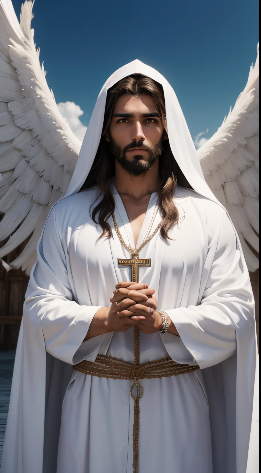 imagem de Jesus Cristo (nas nuvenan, macho, Macho, cabelos castanhos longos, cabelos longos ondulados, barba marrom longa, olhos perfeitos, olhos abertos, olhar sereno, ansioso olhando para o espectador, grandes asas de anjo , holding a rosary in hands, Wearing a white robe in the skies, aura de luz ao redor, Ansioso, Blessing the People on Earth, Foco frontal, 8k